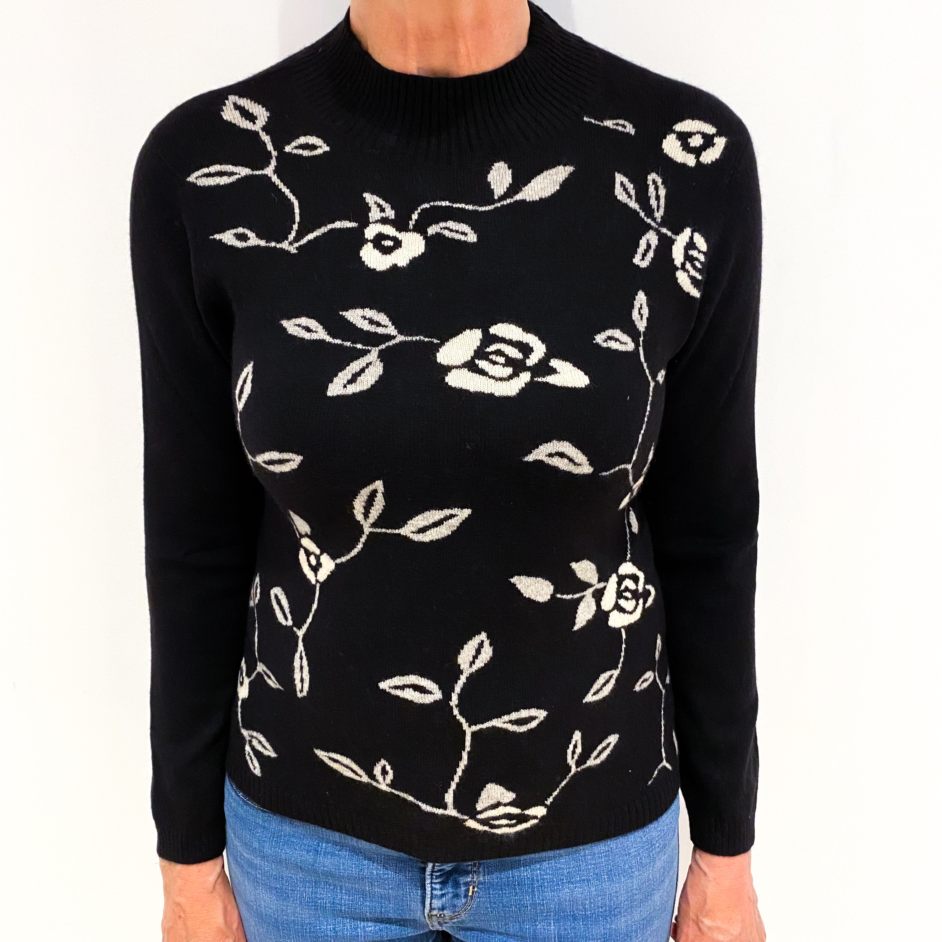 Black Cashmere Floral Turtle Neck Jumper Medium