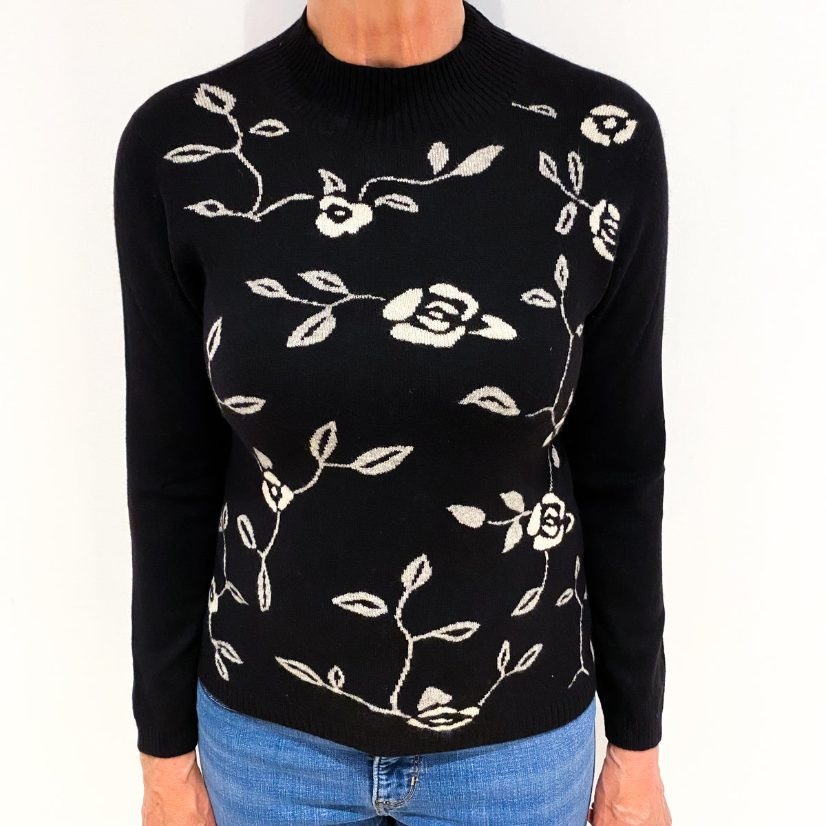 Black Cashmere Floral Turtle Neck Jumper Medium