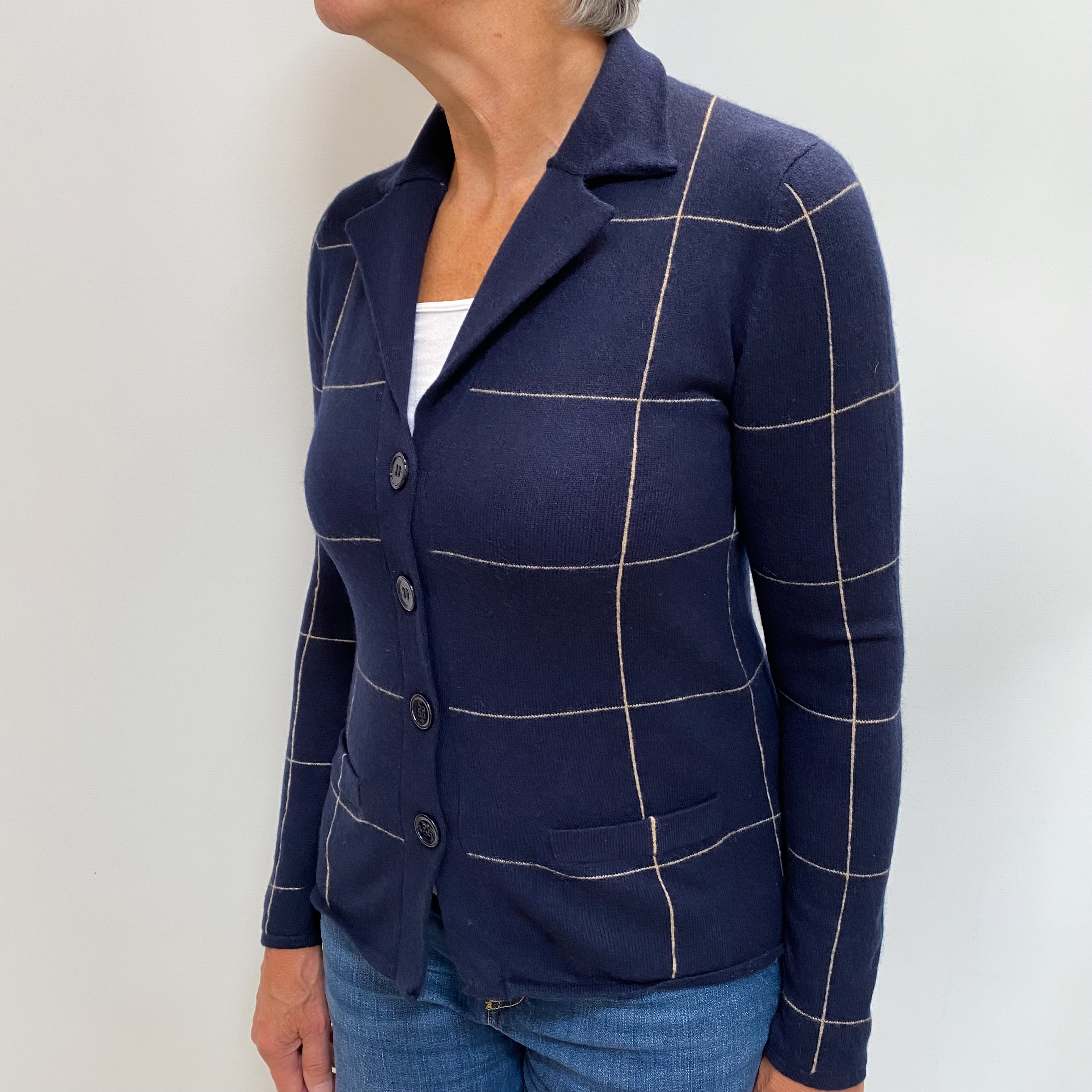 Navy Oatmeal Checked Cashmere Collared Cardigan Medium