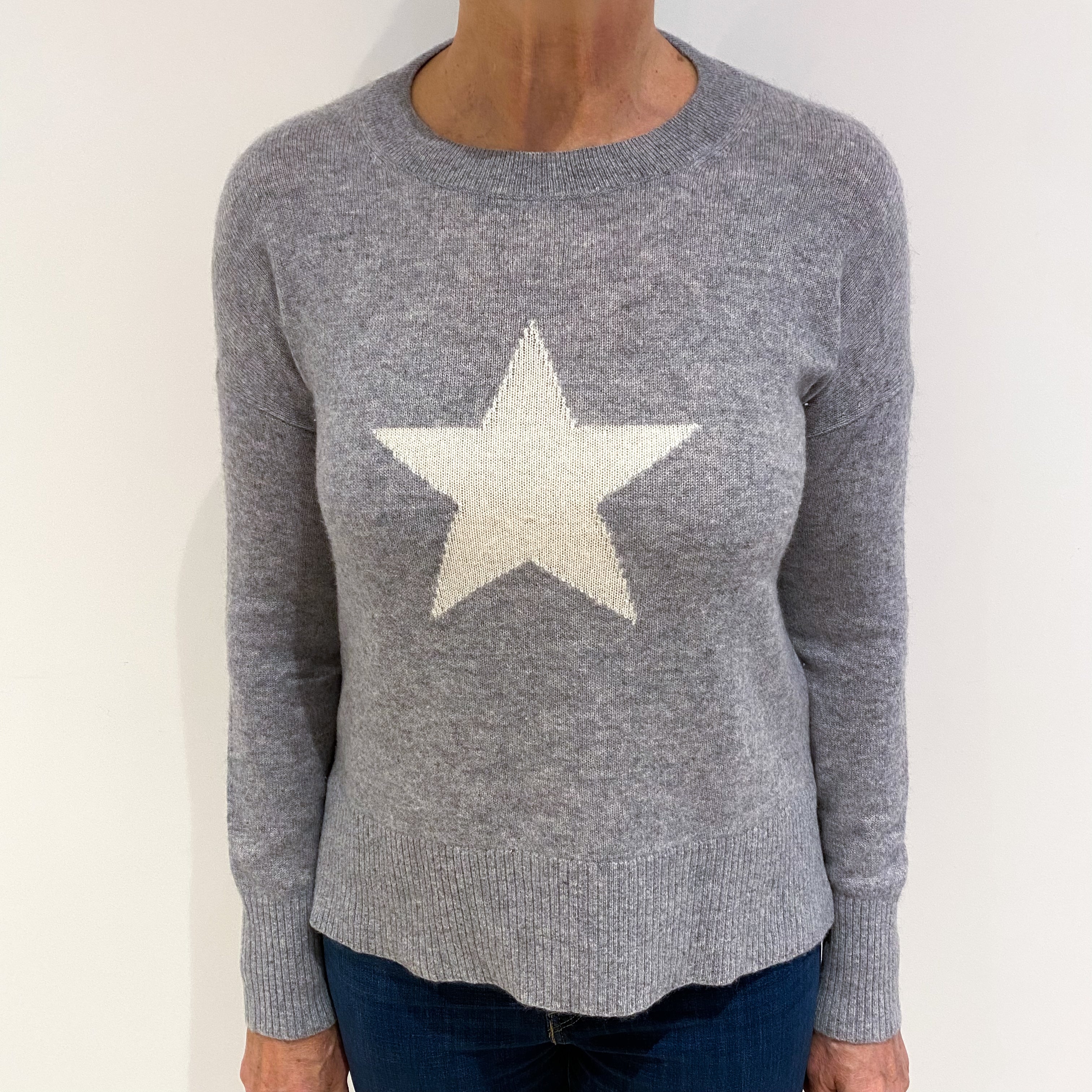 Smoke Grey Cream Star Cashmere Crew Neck Jumper Medium