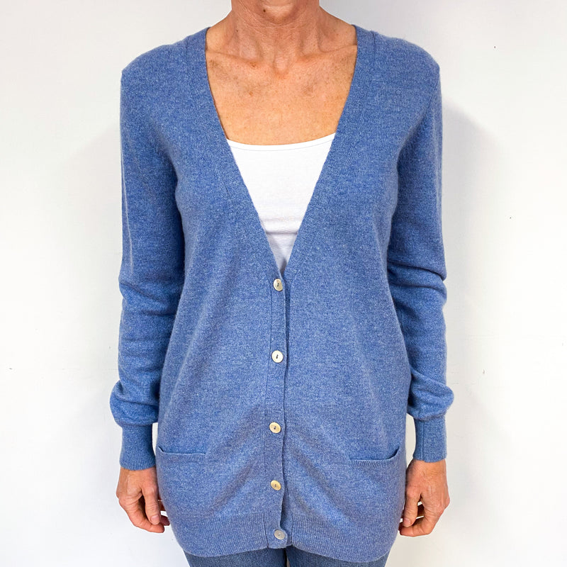 Tanzanite Blue Longline Cashmere V-Neck Cardigan Medium
