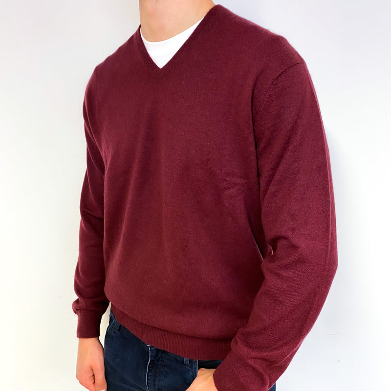 Men's Burgundy Red Cashmere V-Neck Jumper Extra Large