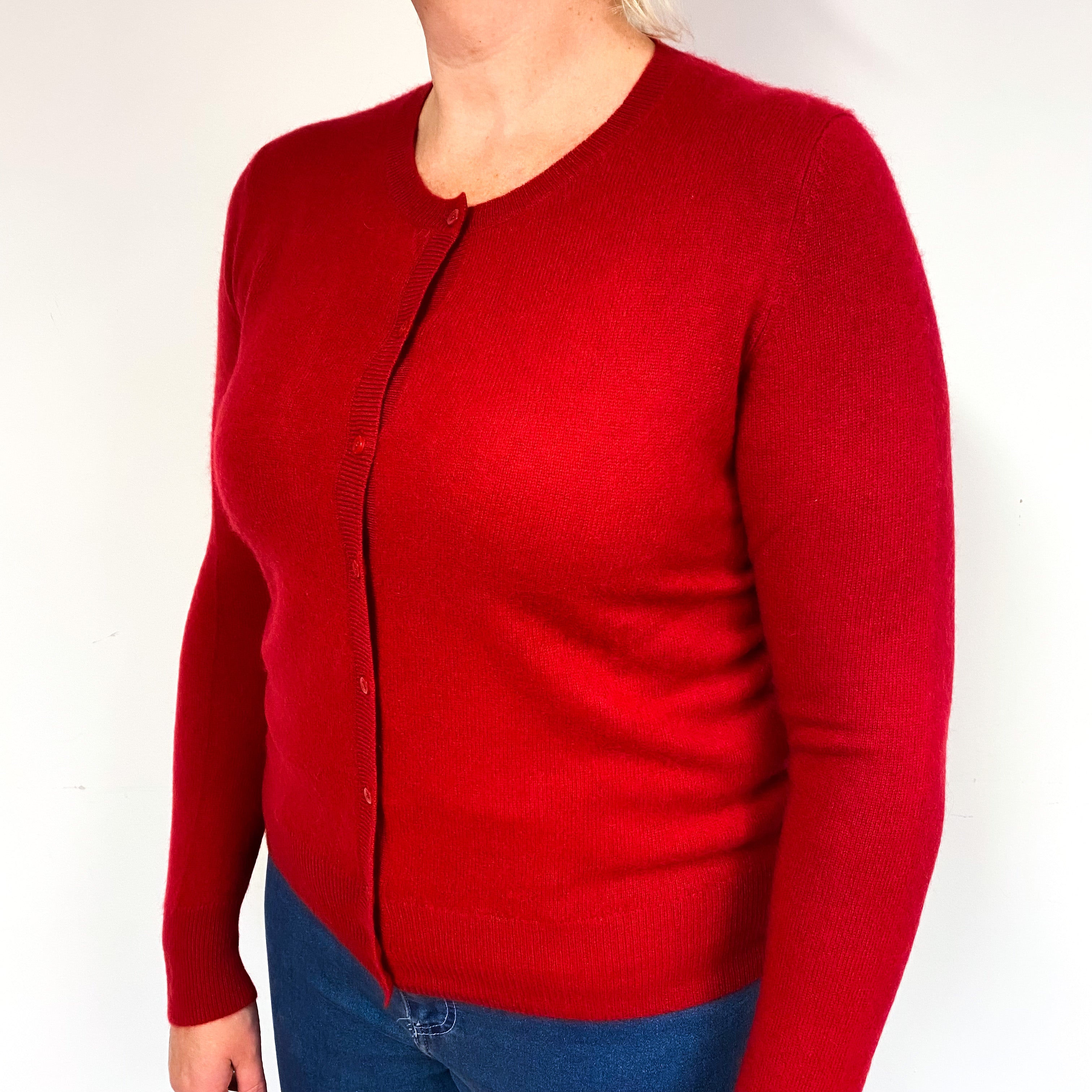 Post Box Red Cashmere Crew Neck Cardigan Large