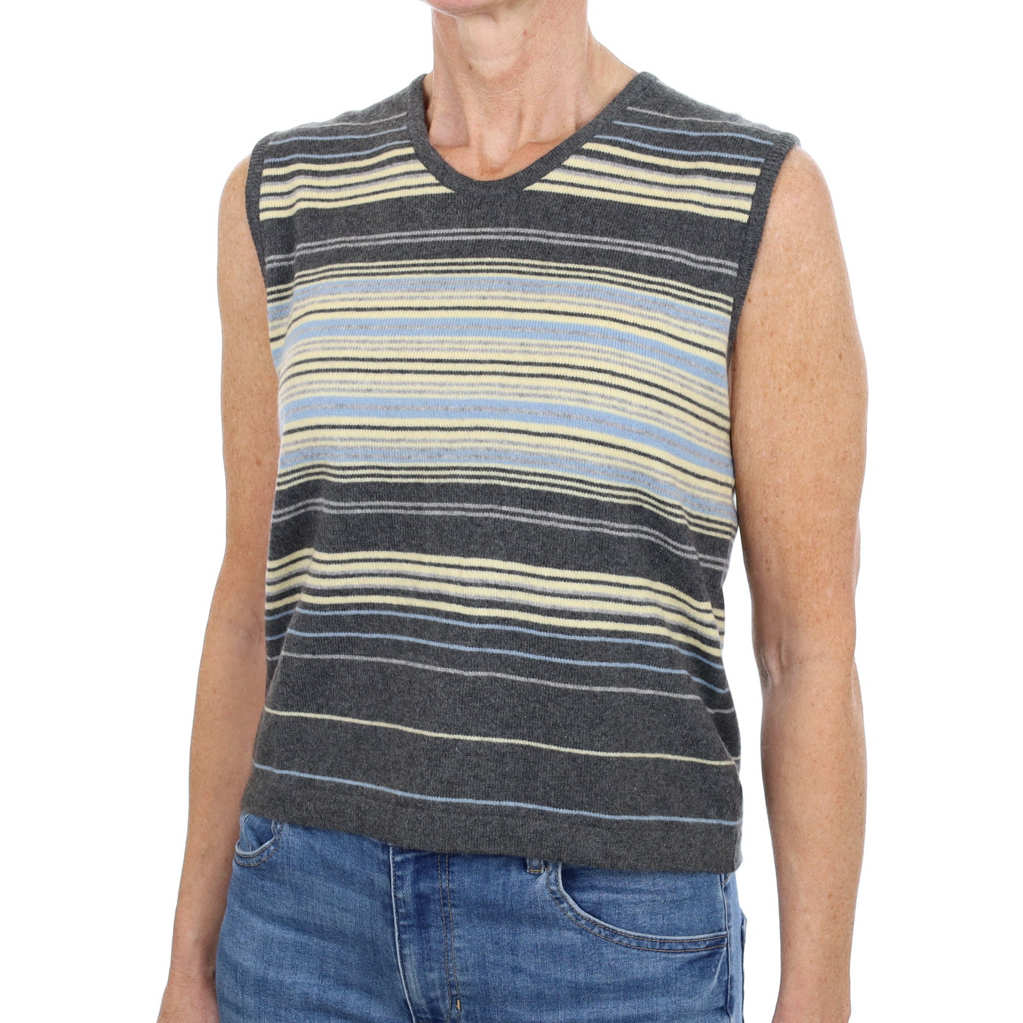 Slate Grey Striped Cashmere V Neck Sleeveless Jumper Small