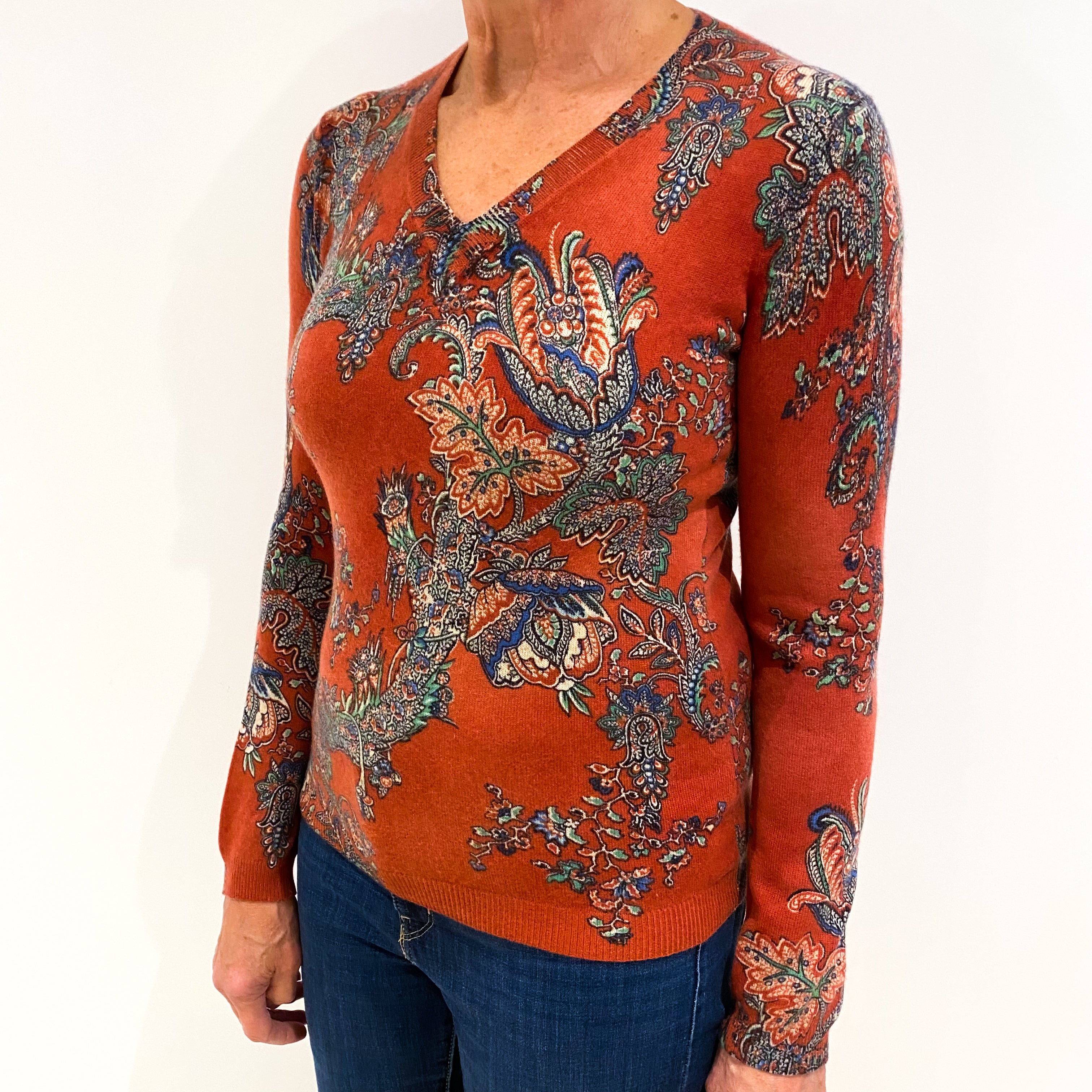 Rust Orange Paisley Cashmere V-Neck Jumper Medium