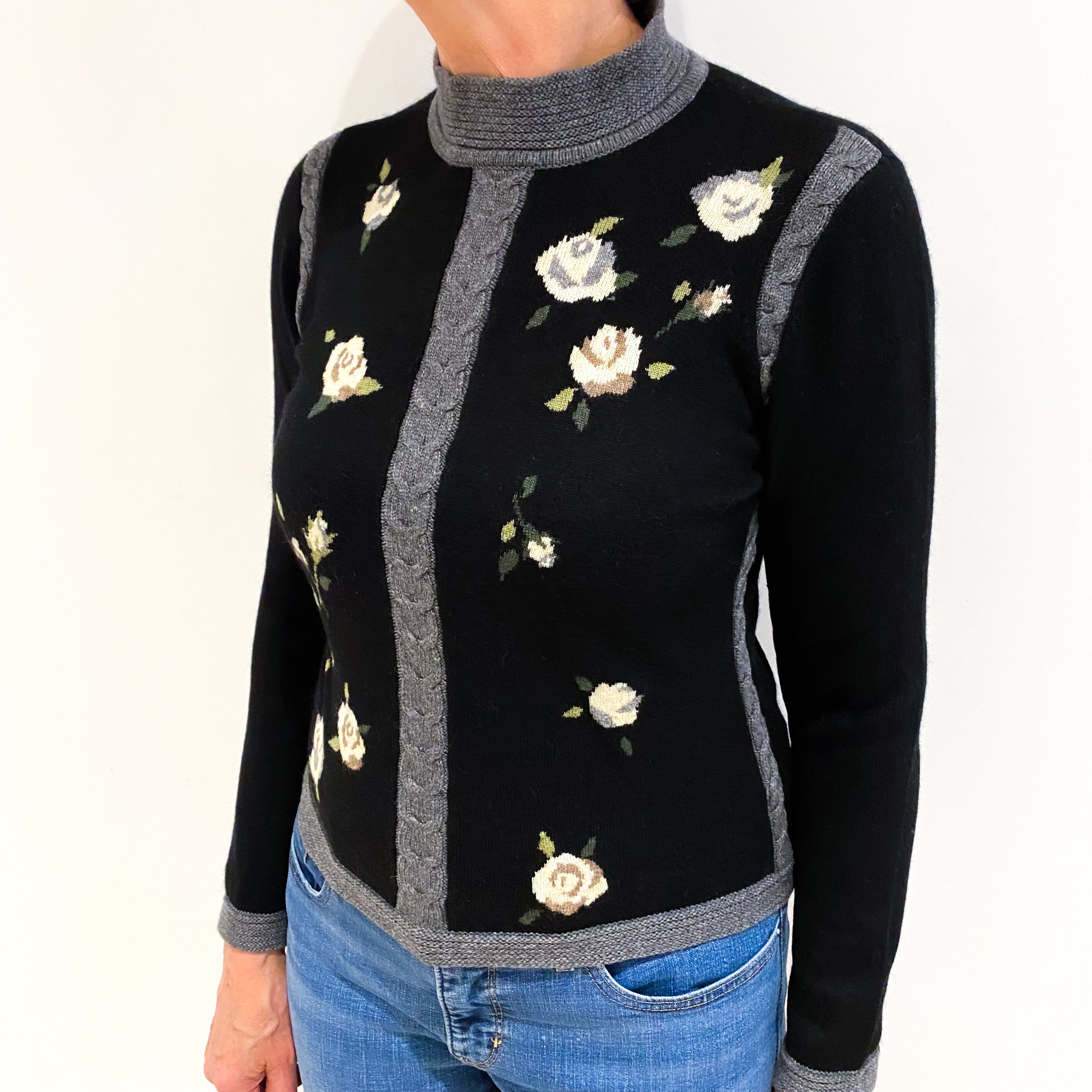 Black And Grey Floral Patterned Cashmere Turtle Neck Jumper Medium