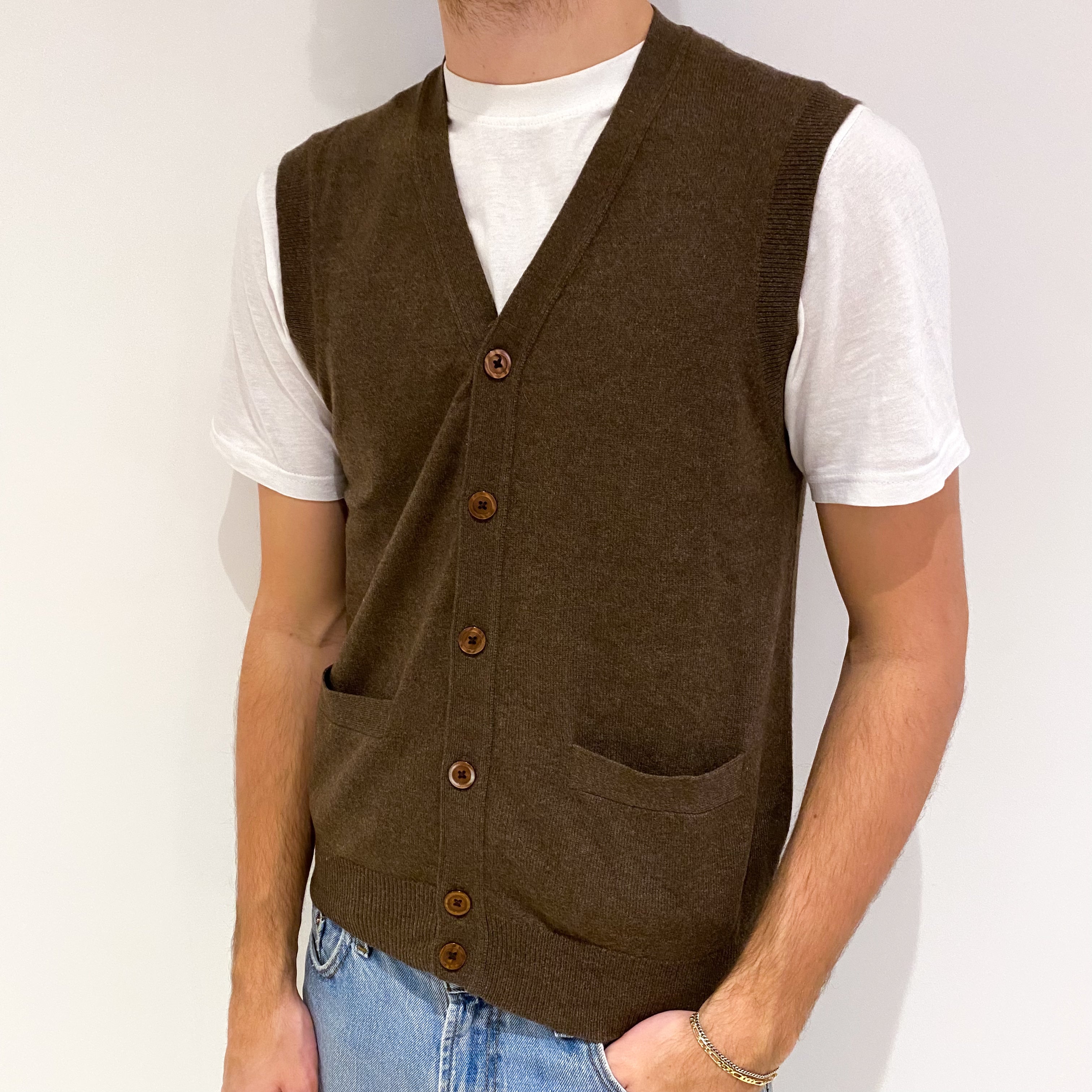 Men's Donkey Brown Cashmere V Neck Sleeveless Cardigan Medium