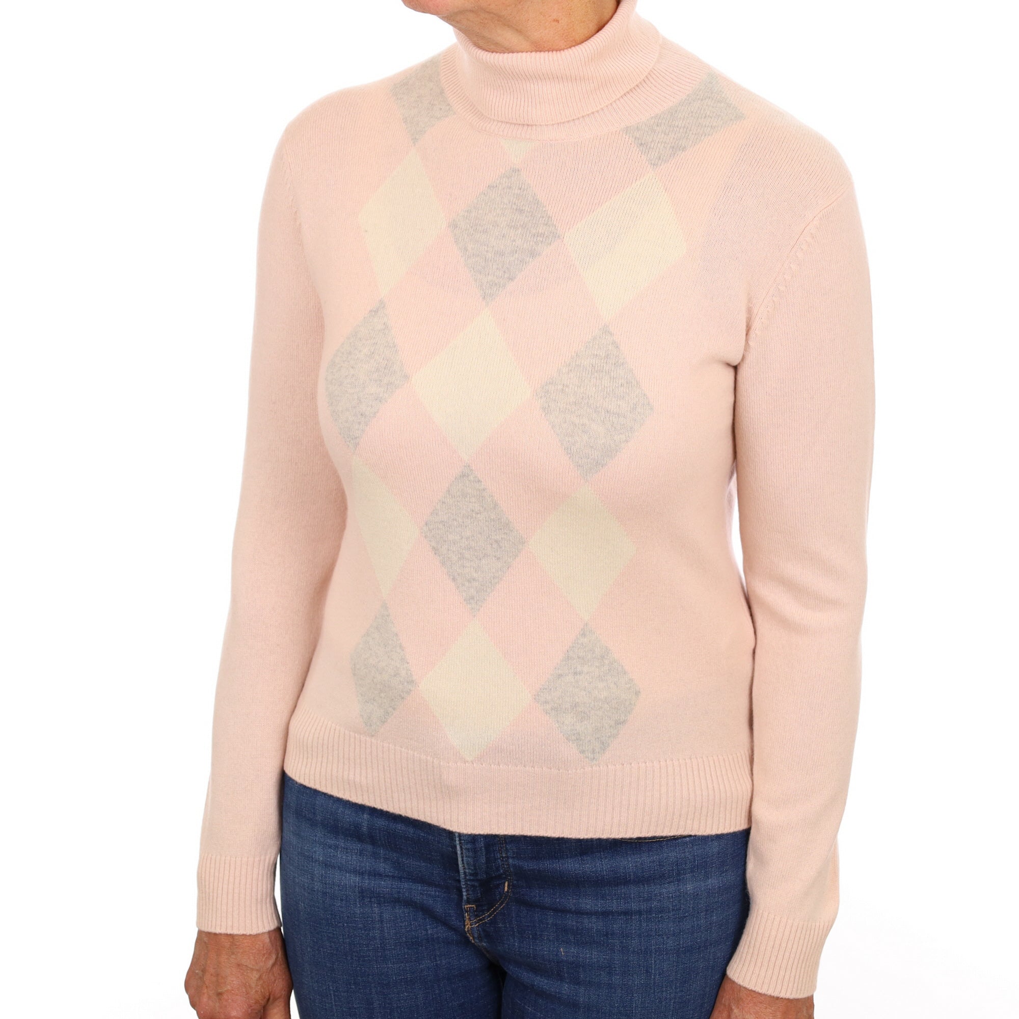 Blush Pink Argyle Cashmere Polo Neck Jumper Medium
