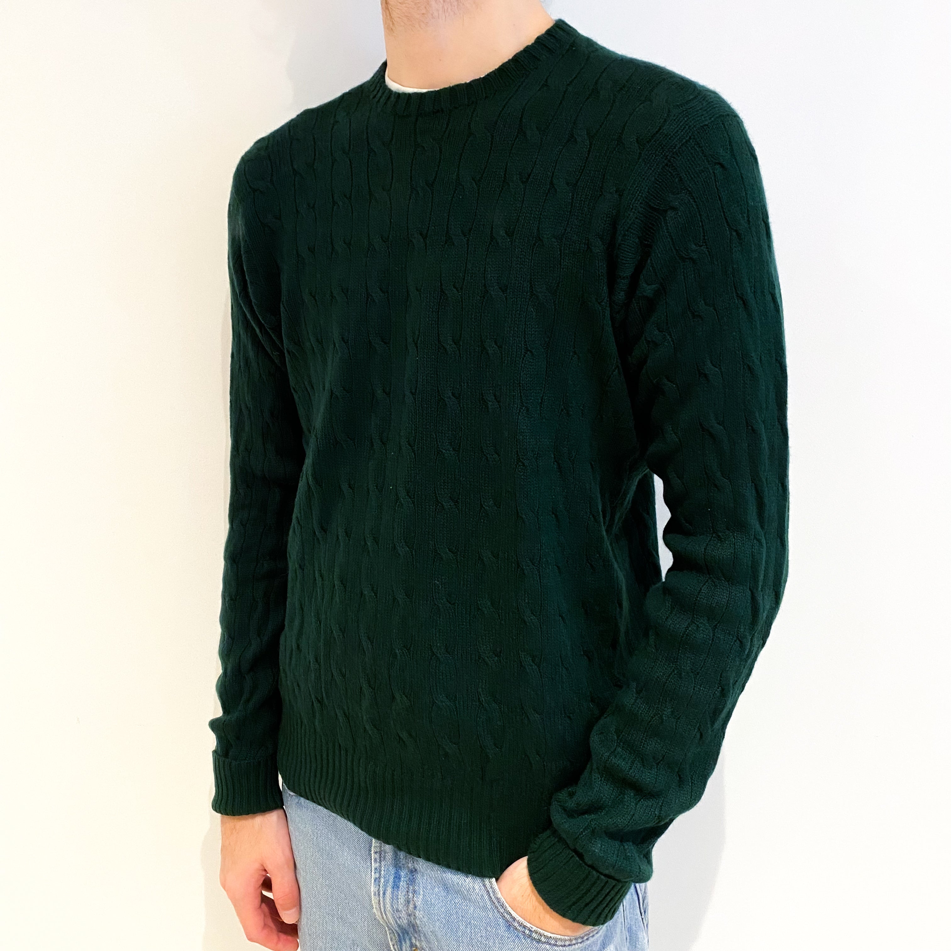 Men's Ralph Lauren Racing Green Cashmere Crew Neck Cable Knit Jumper Large