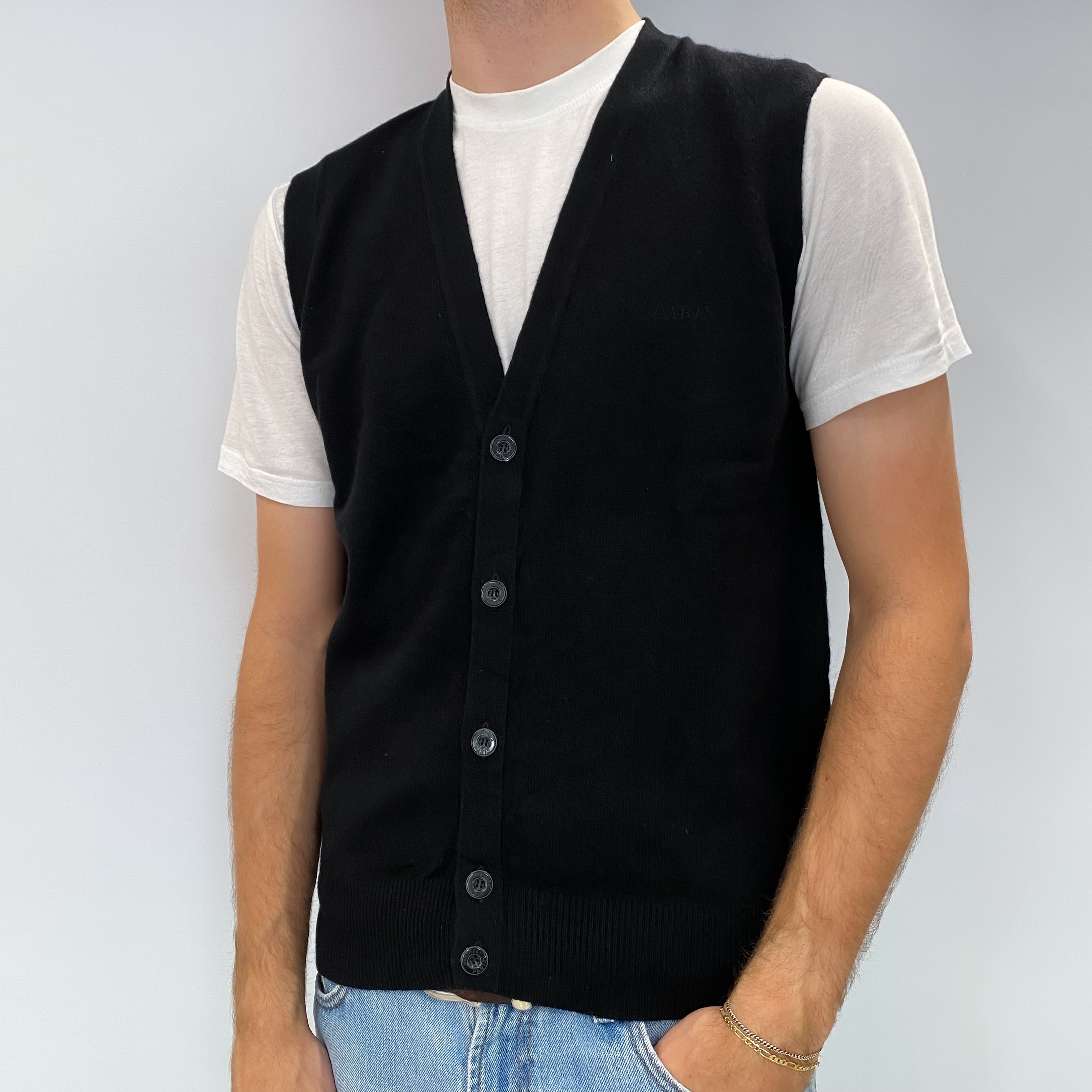 Men's Black Cashmere V Neck Sleeveless Cardigan Medium