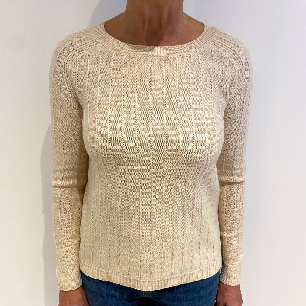Sandy Beige Cashmere Crew Neck Textured Knit Jumper Medium