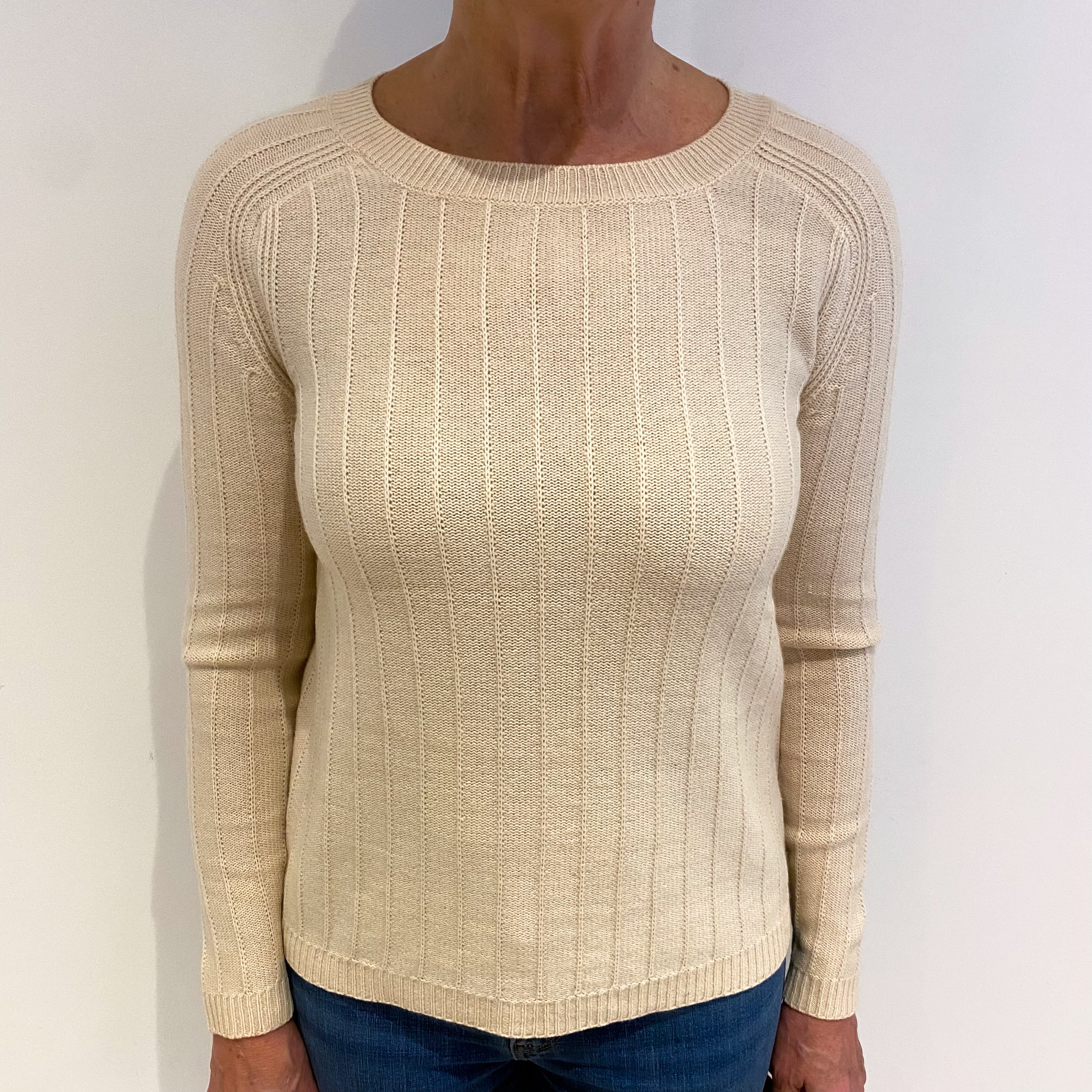 Sandy Beige Cashmere Crew Neck Textured Knit Jumper Medium