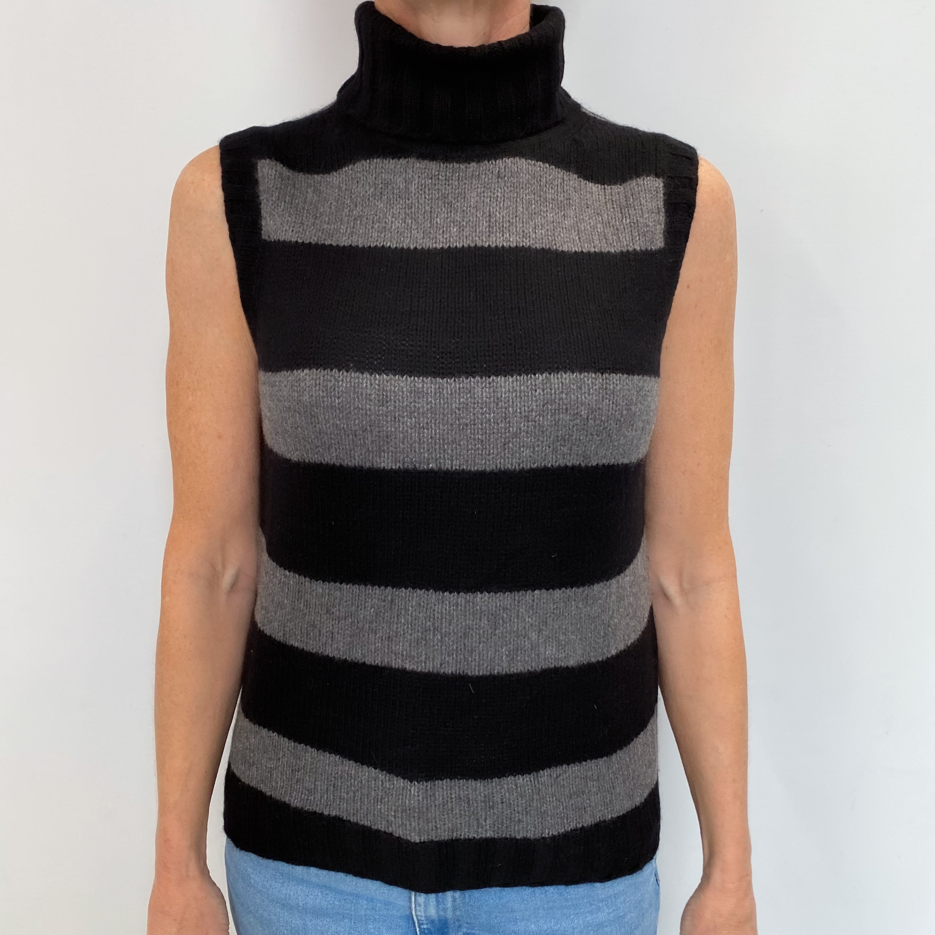 Black striped Cashmere Sleeveless Polo Neck Jumper Small