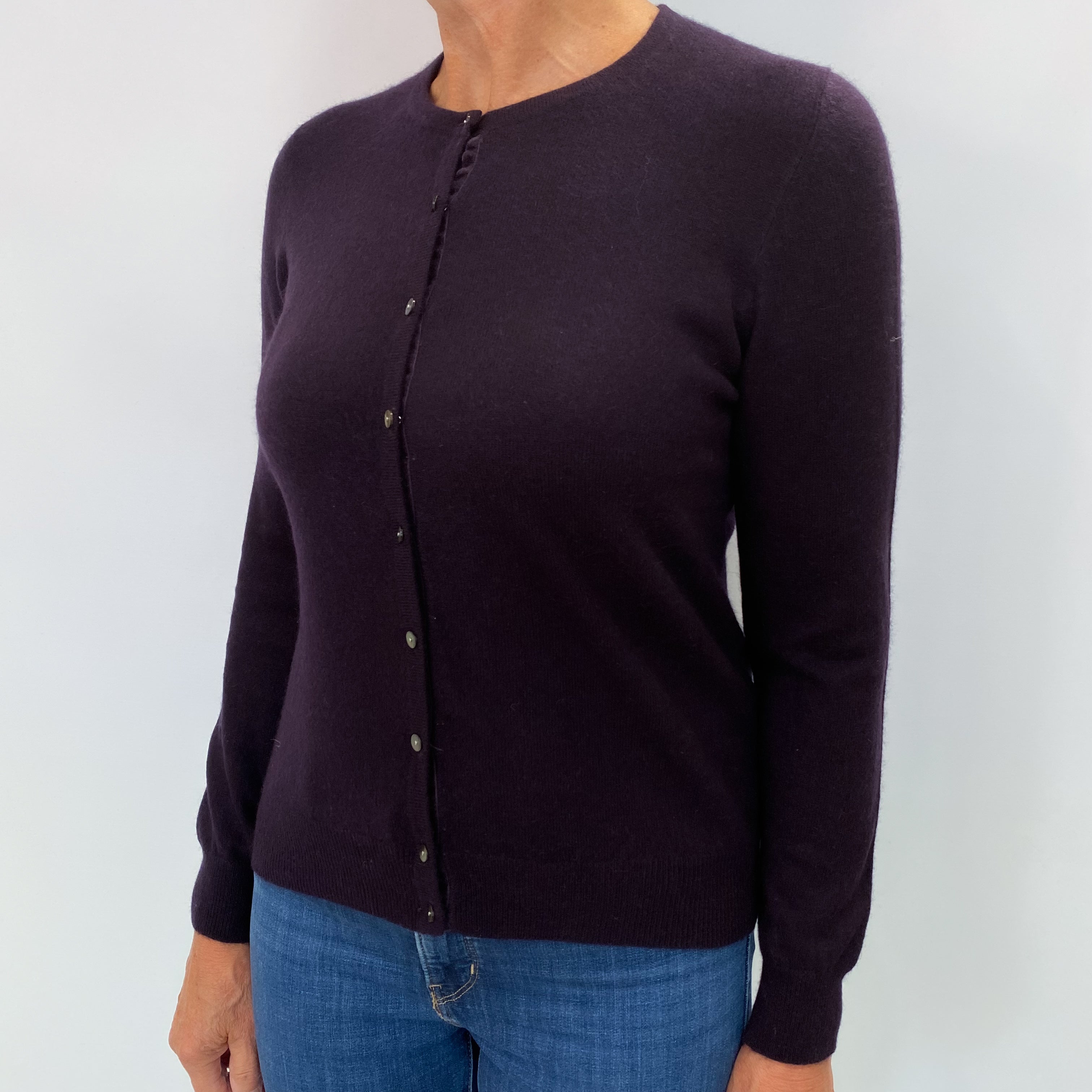 Dark Aubergine Cashmere Crew Neck Cardigan Medium