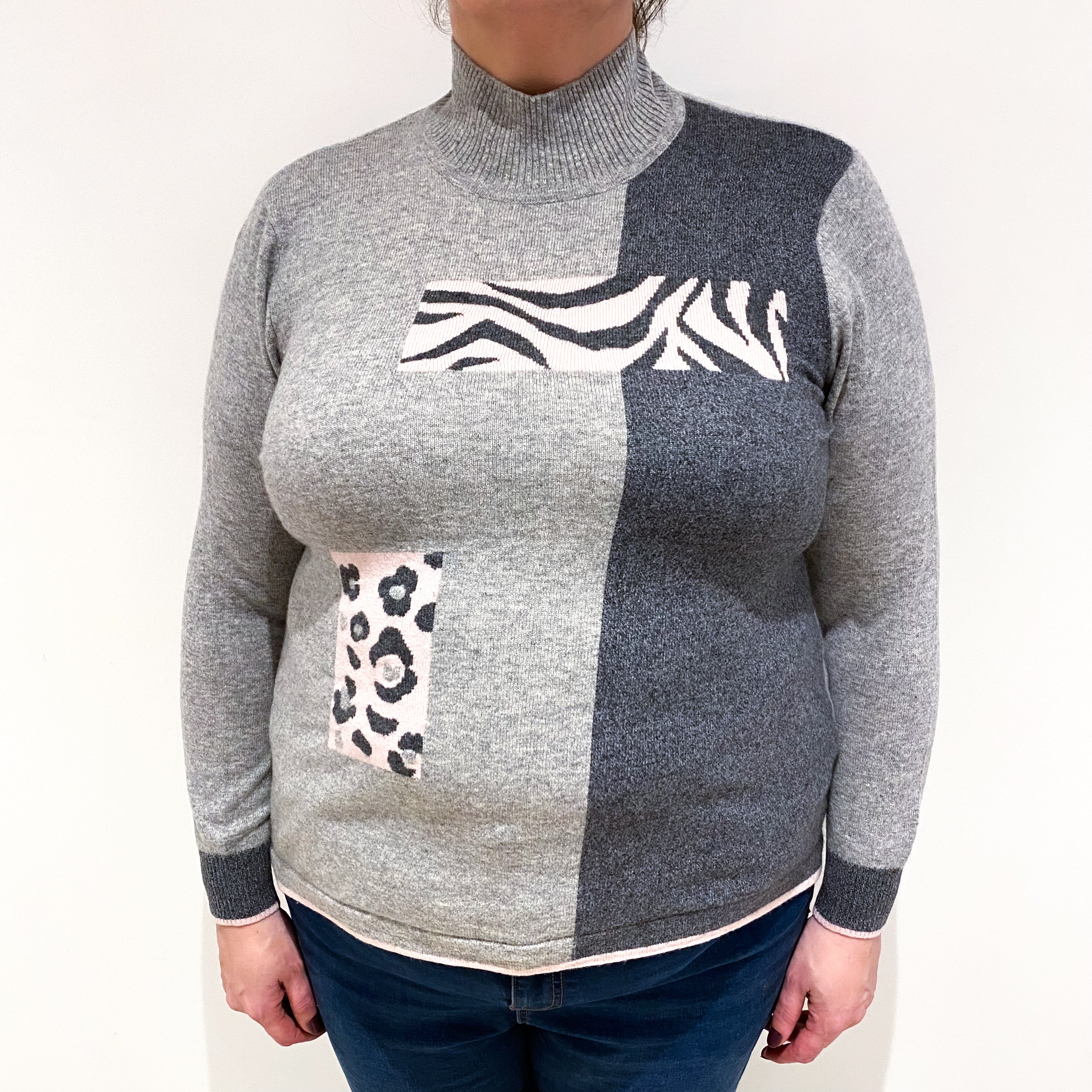 Smoke Grey Patterned Cashmere Turtle Neck Jumper Extra Large