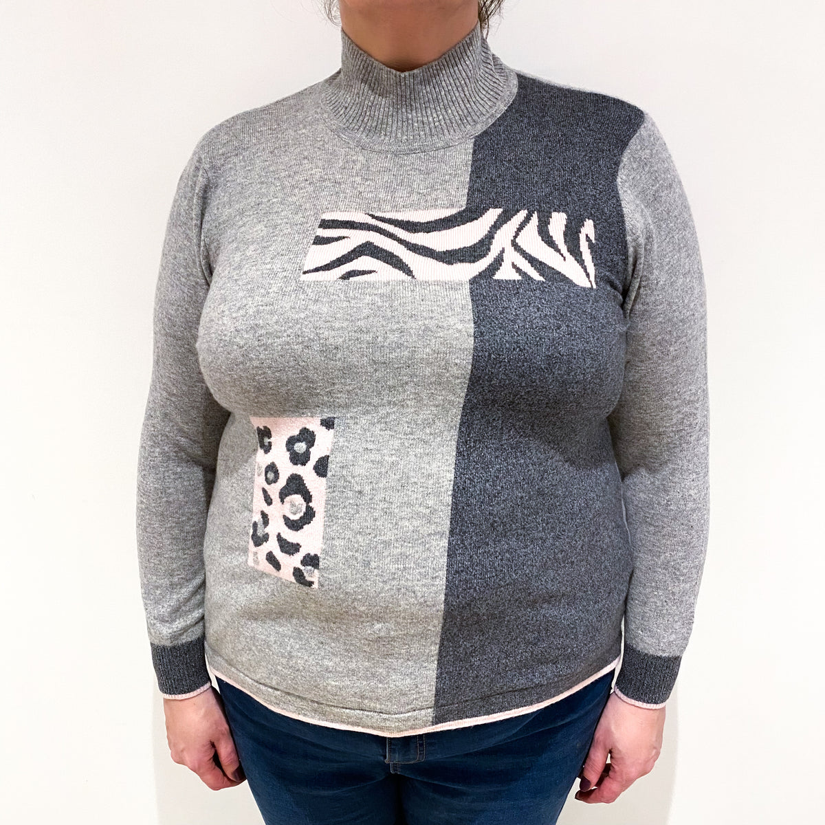 Smoke Grey Patterned Cashmere Turtle Neck Jumper Extra Large