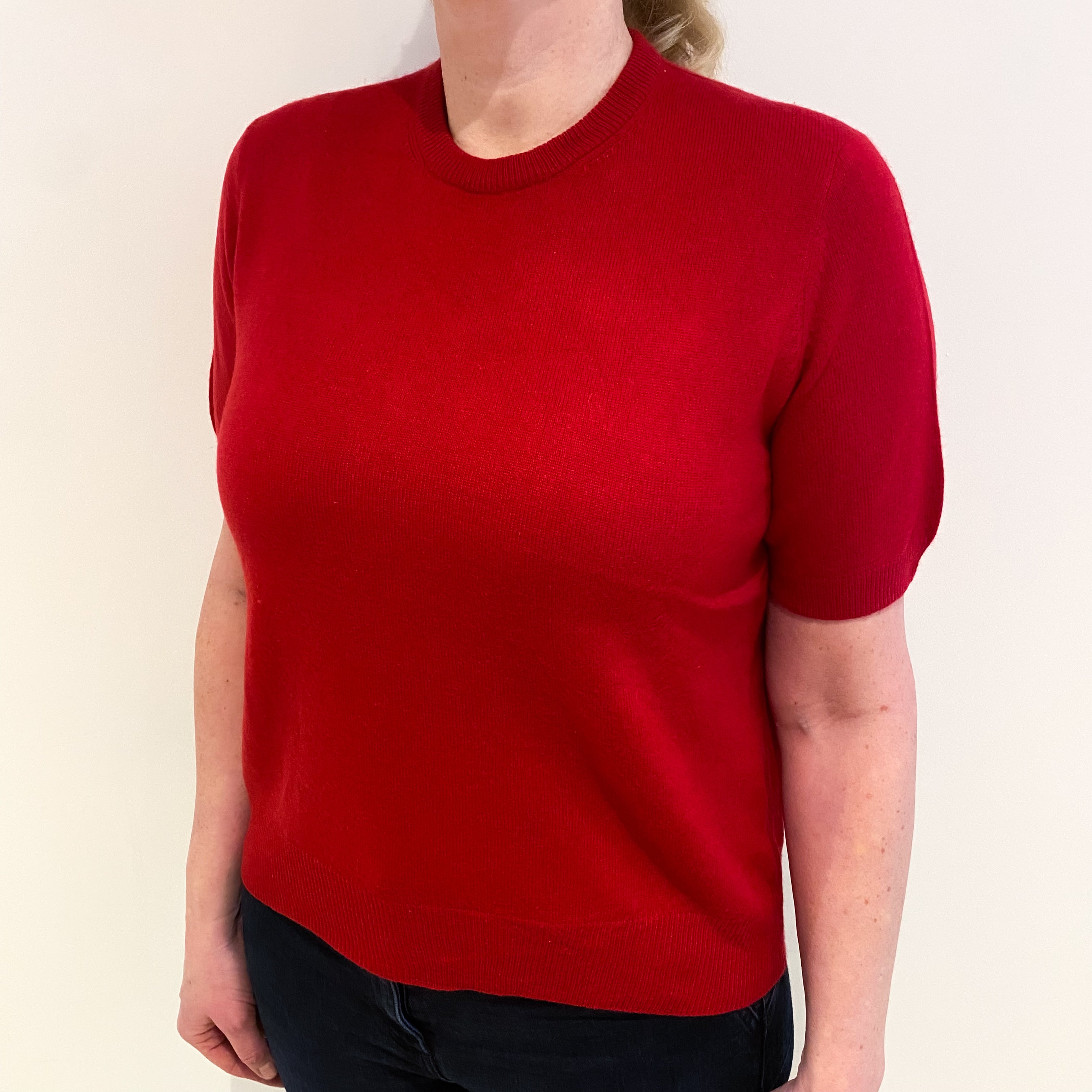 Post Box Red Cashmere Crew Neck Short Sleeved Jumper Large