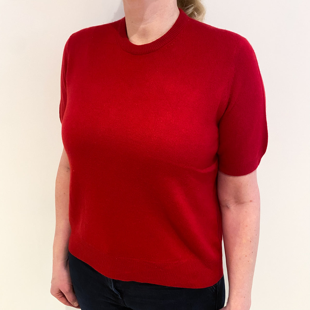 Post Box Red Cashmere Crew Neck Short Sleeved Jumper Large