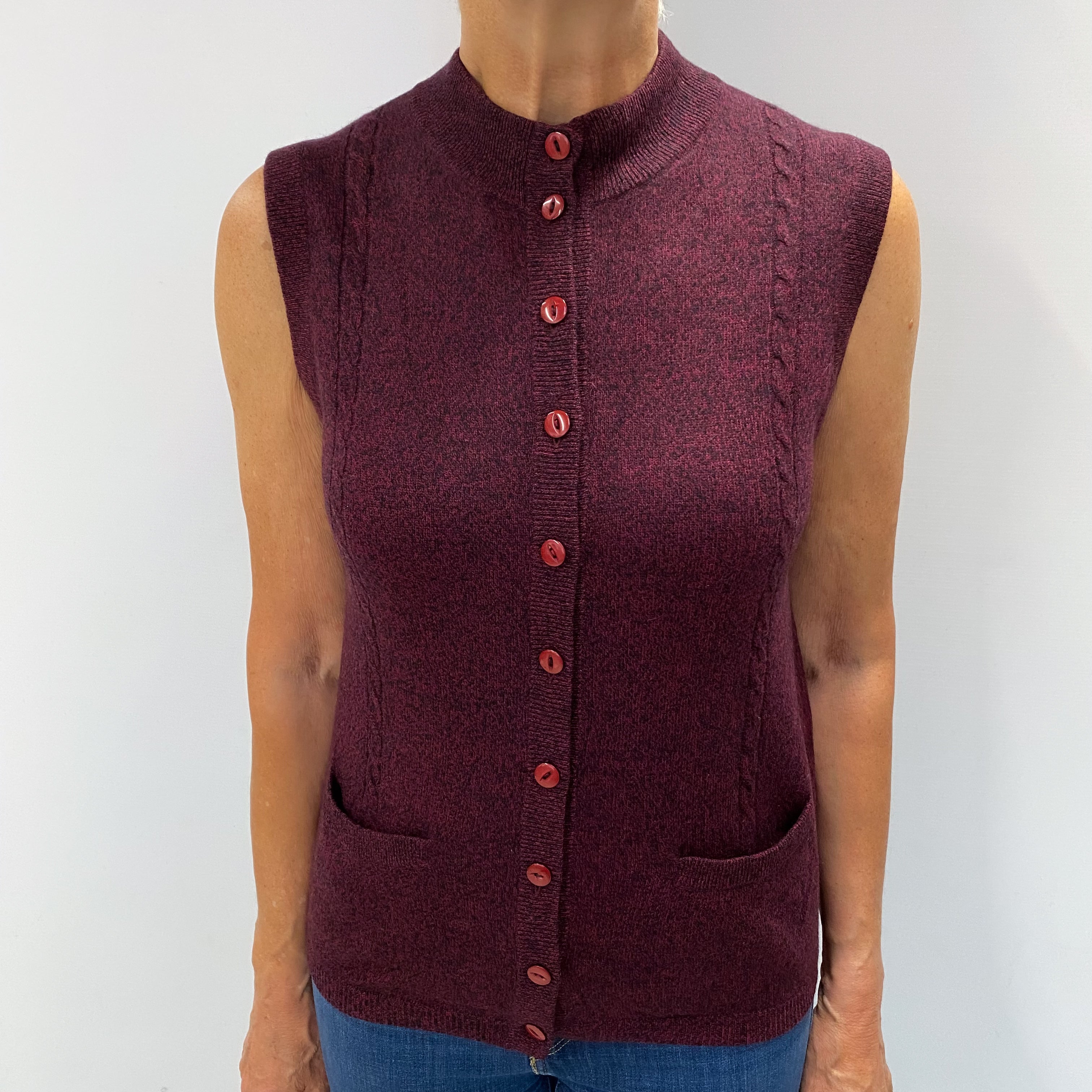 Mulberry Marl Cashmere Sleeveless Cardigan with Pockets Medium