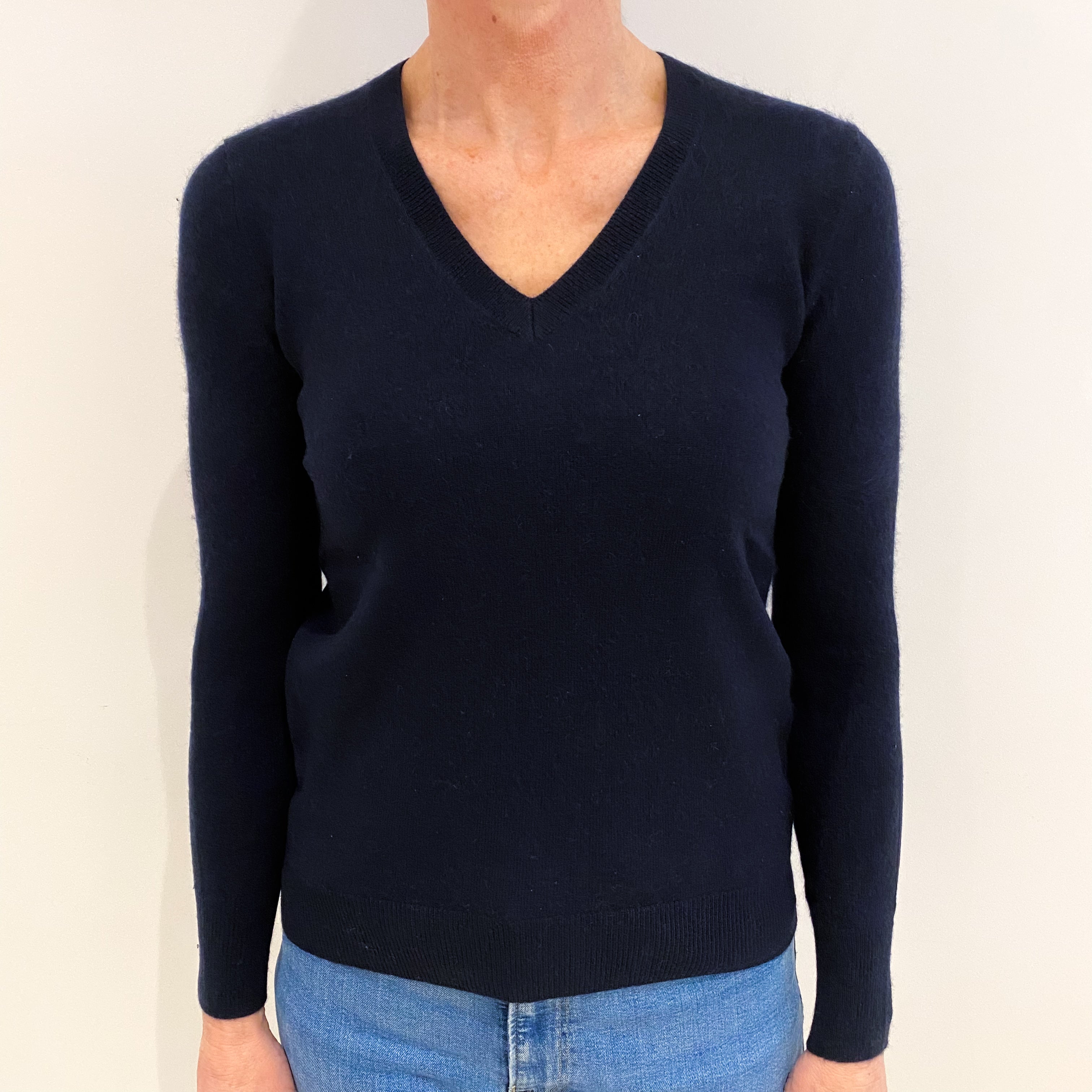 Navy Blue Cashmere V Neck Jumper Small