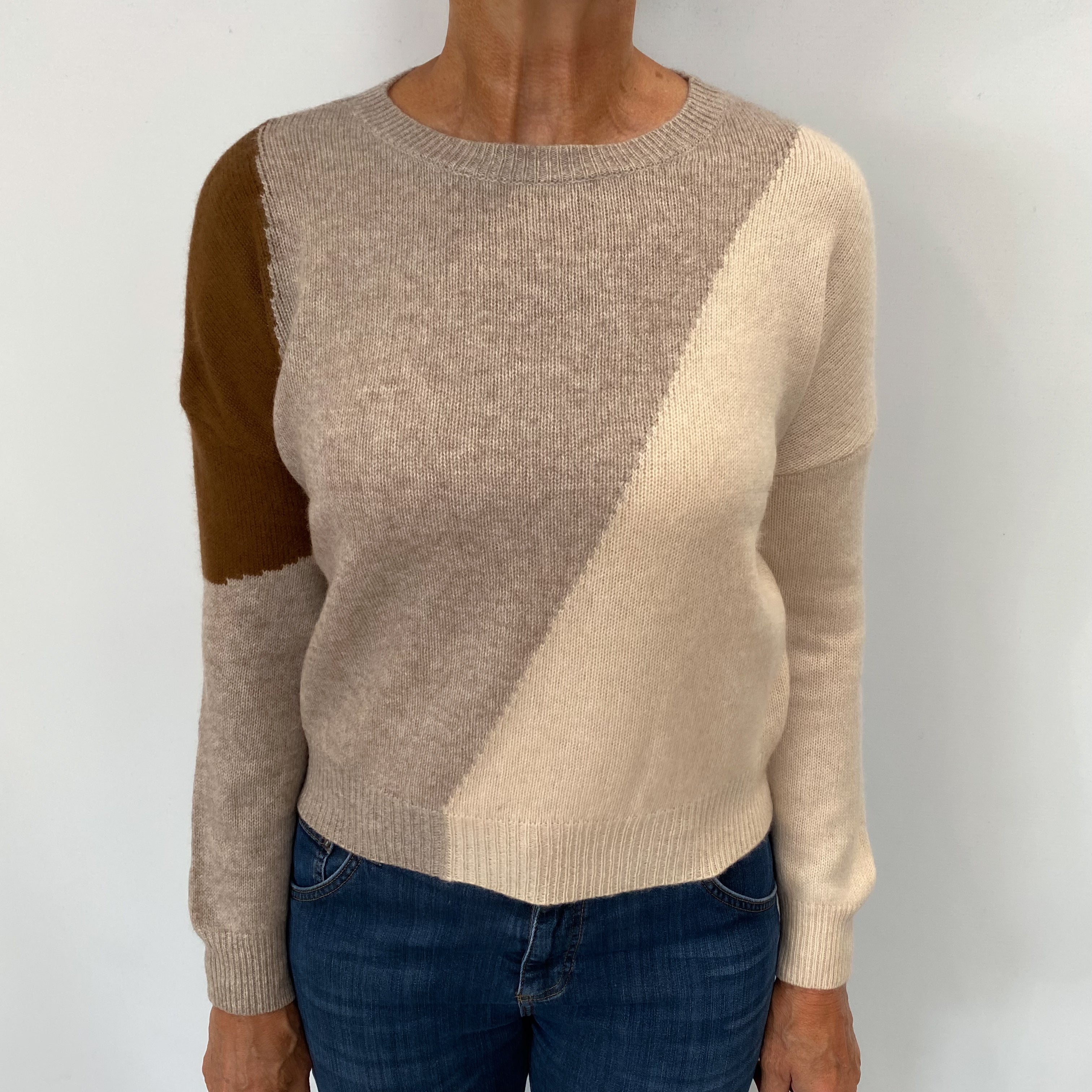 Oat and Grey Patchwork Cashmere Crew Neck Jumper Medium