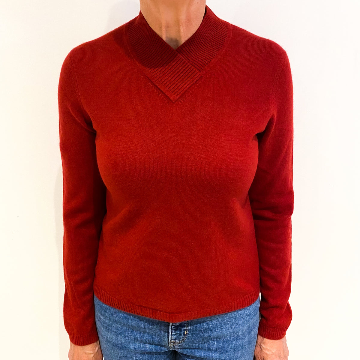 Crimson Red Cashmere Cross Over V Neck Jumper Medium