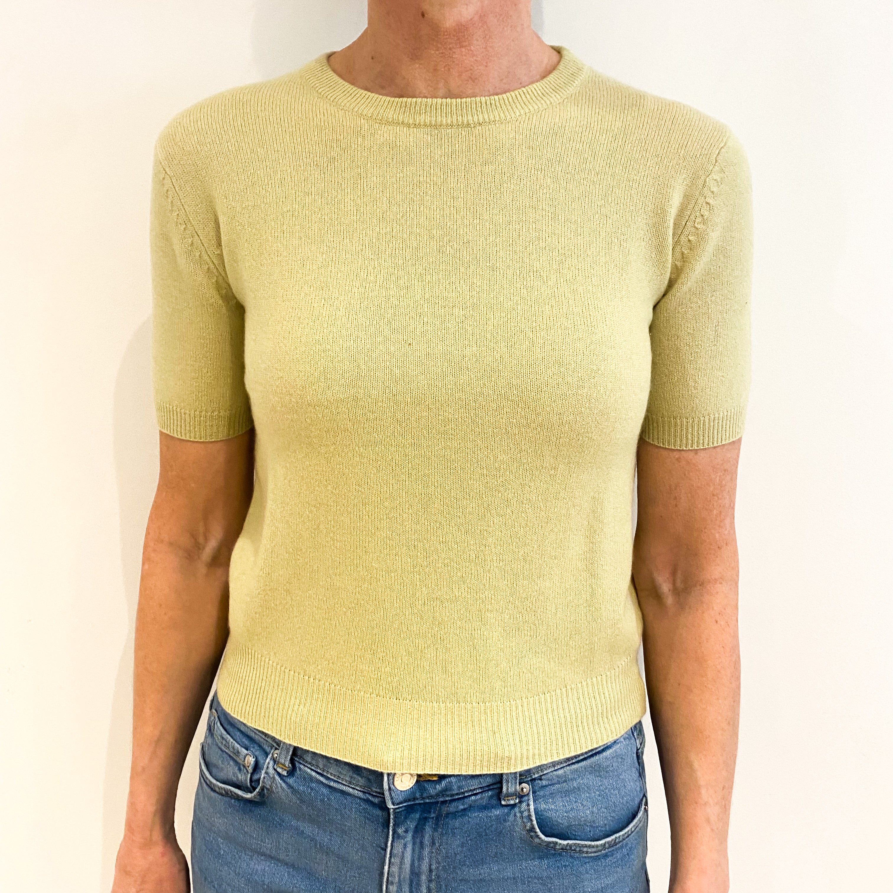 Pistachio Green Cashmere Crew Neck Short Sleeved Jumper Small