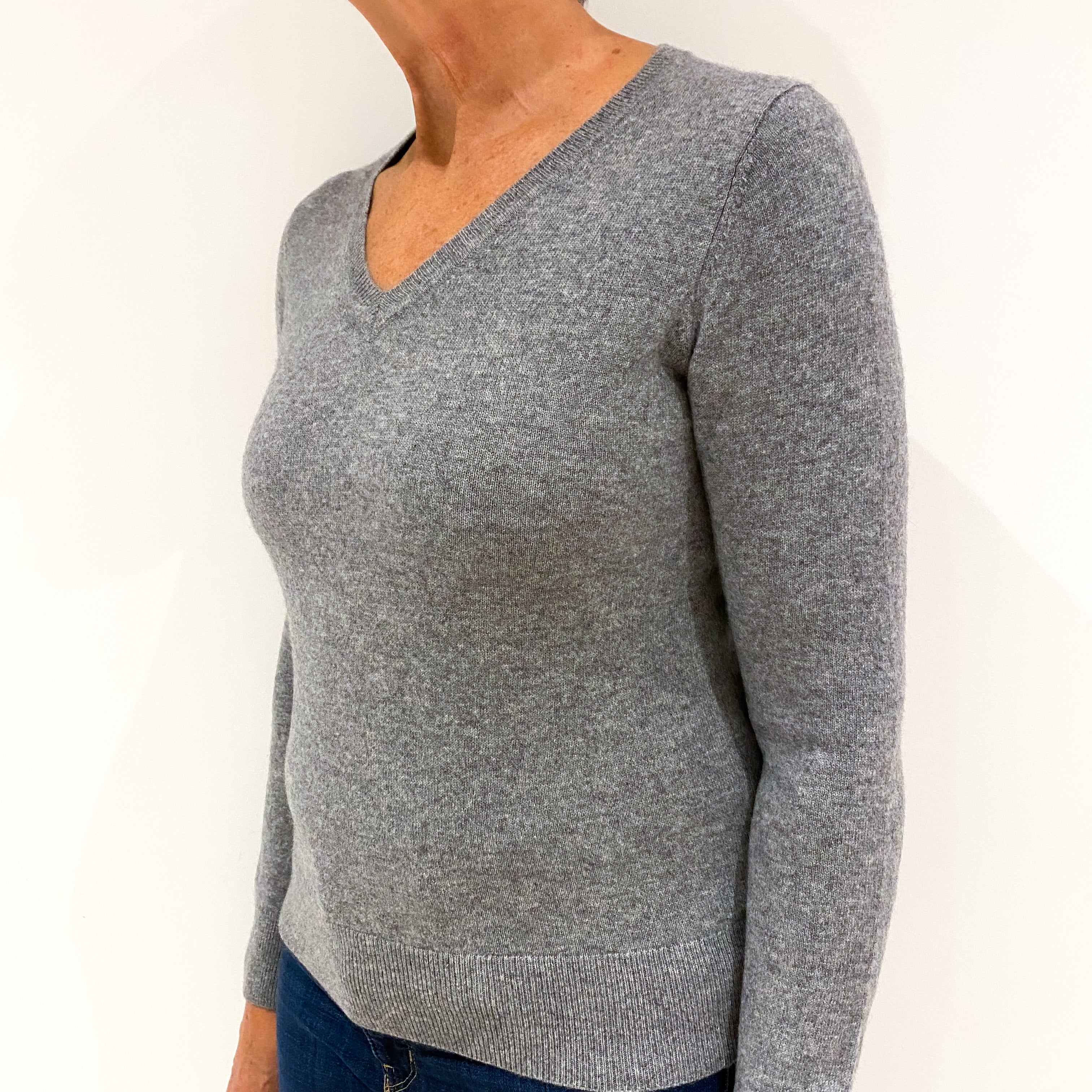 Ash Grey Cashmere V-Neck Jumper Medium