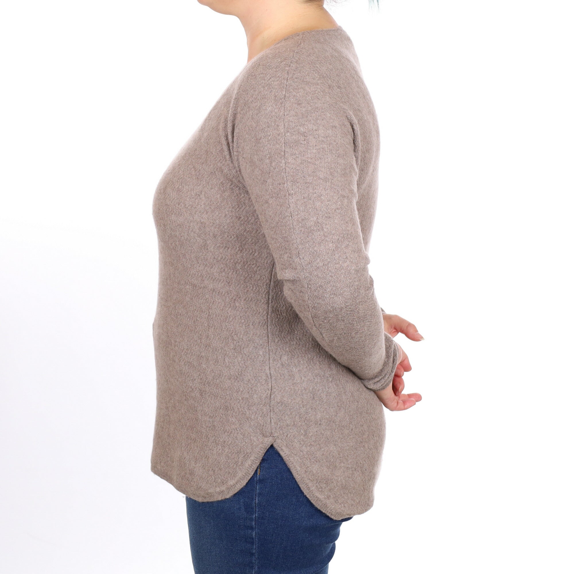 Mink Brown Textured Cashmere Batwing Crew Neck Jumper Large