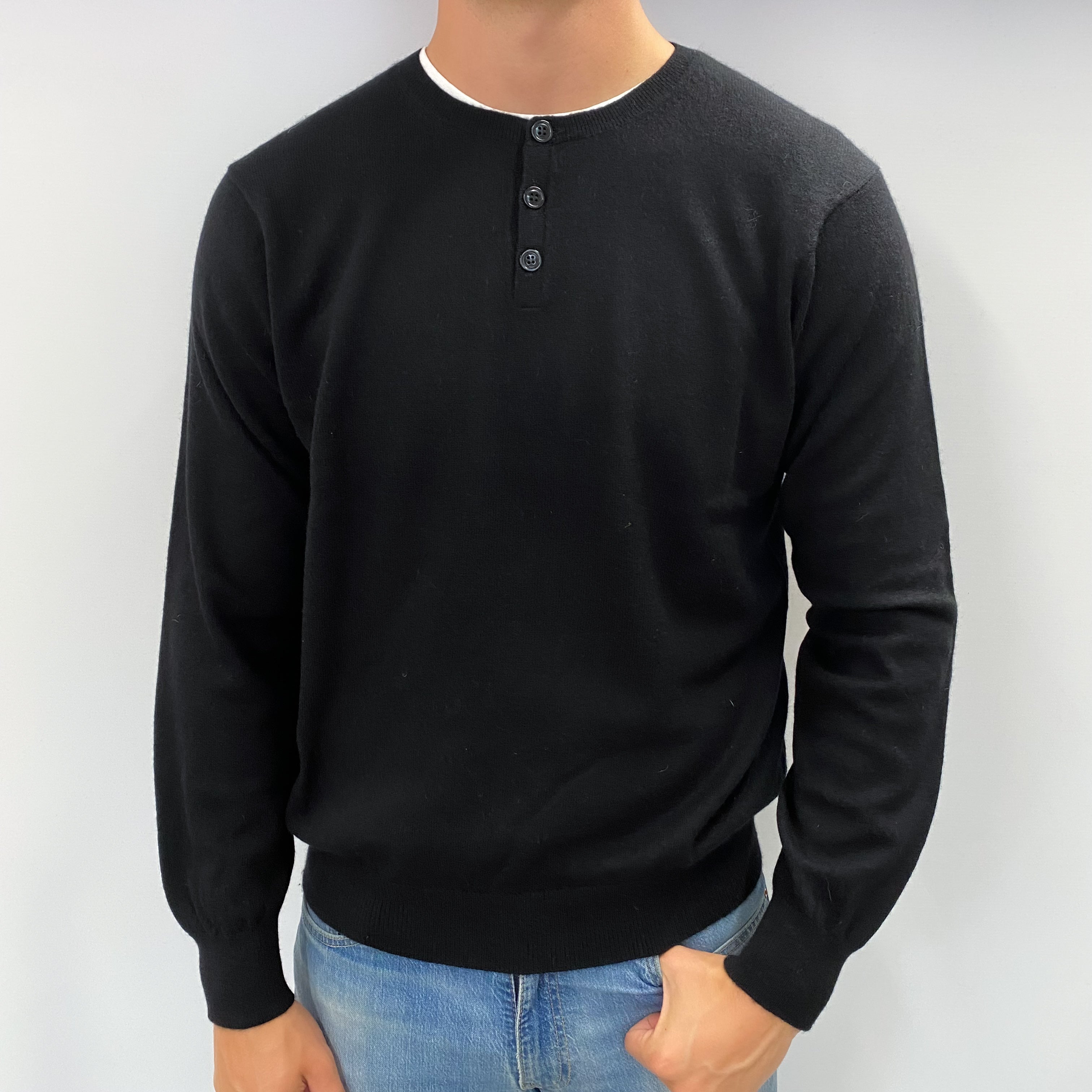Men's Black Cashmere 1/4 Button Up Crew Neck Jumper XL