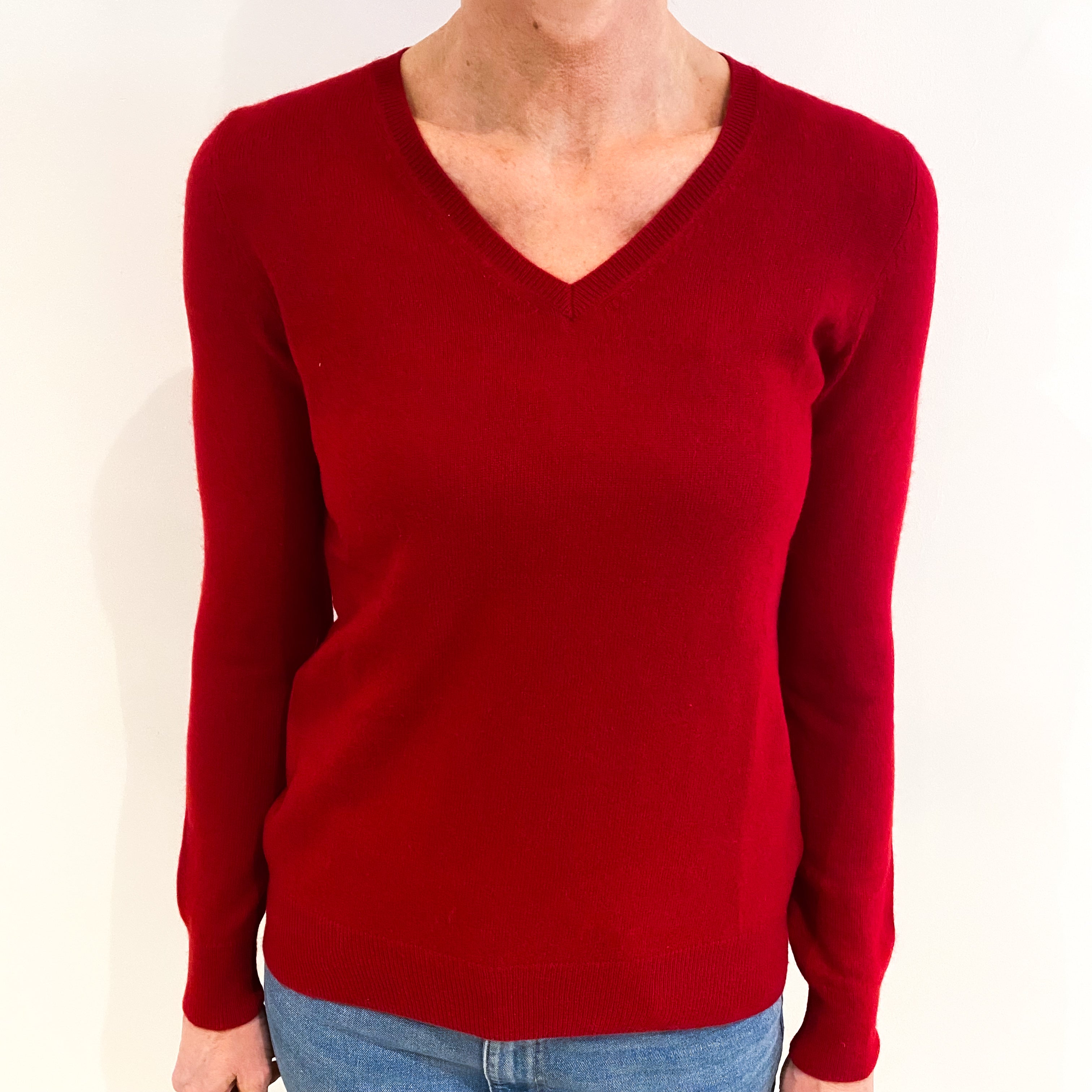 Post Box Red Cashmere V Neck Jumper Small