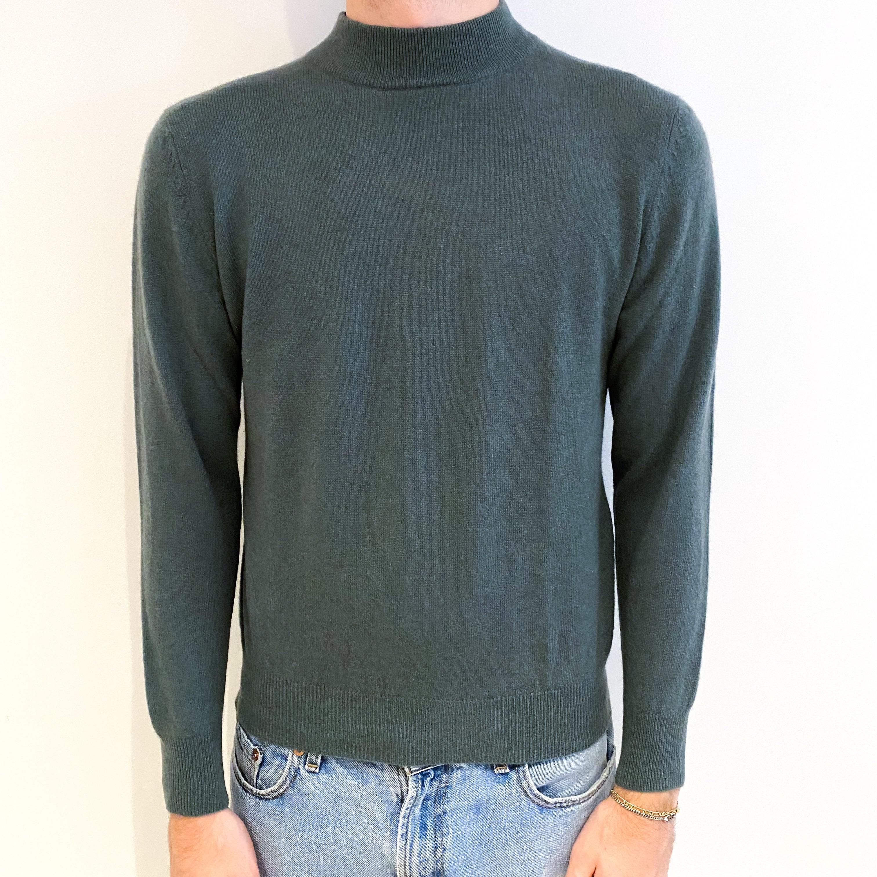 Men's Dusky Green Cashmere Turtle Neck Jumper Medium
