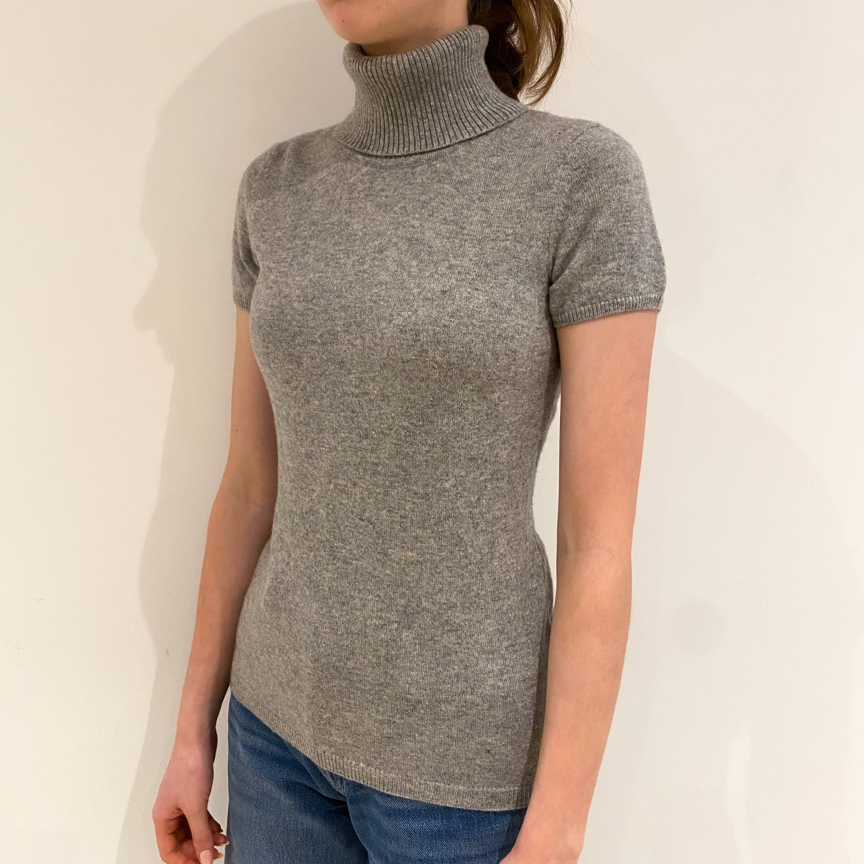 Smoke Grey Cashmere Short Sleeved Polo Neck Jumper Extra Small