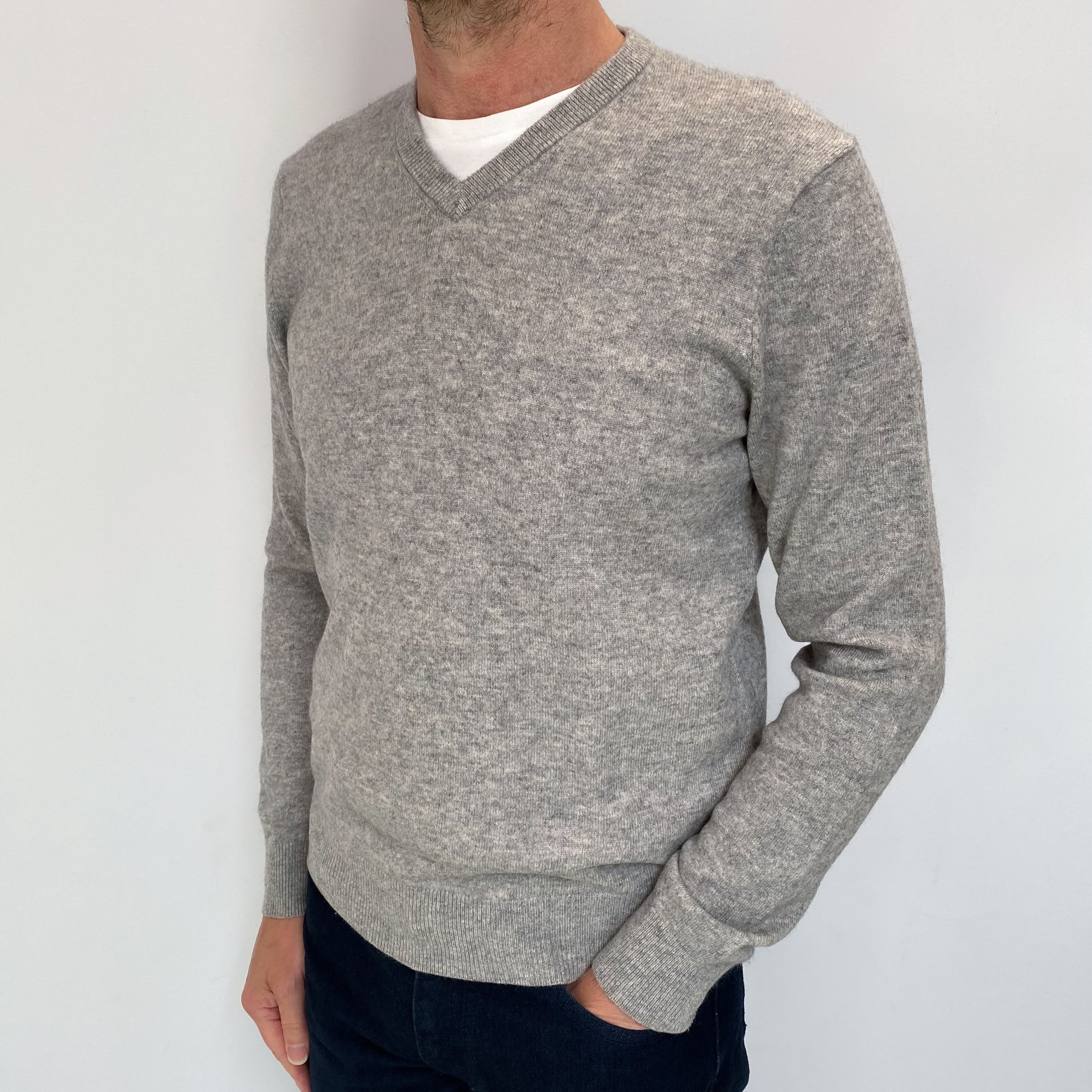 Men's Smoke Grey Cashmere V Neck Jumper Small