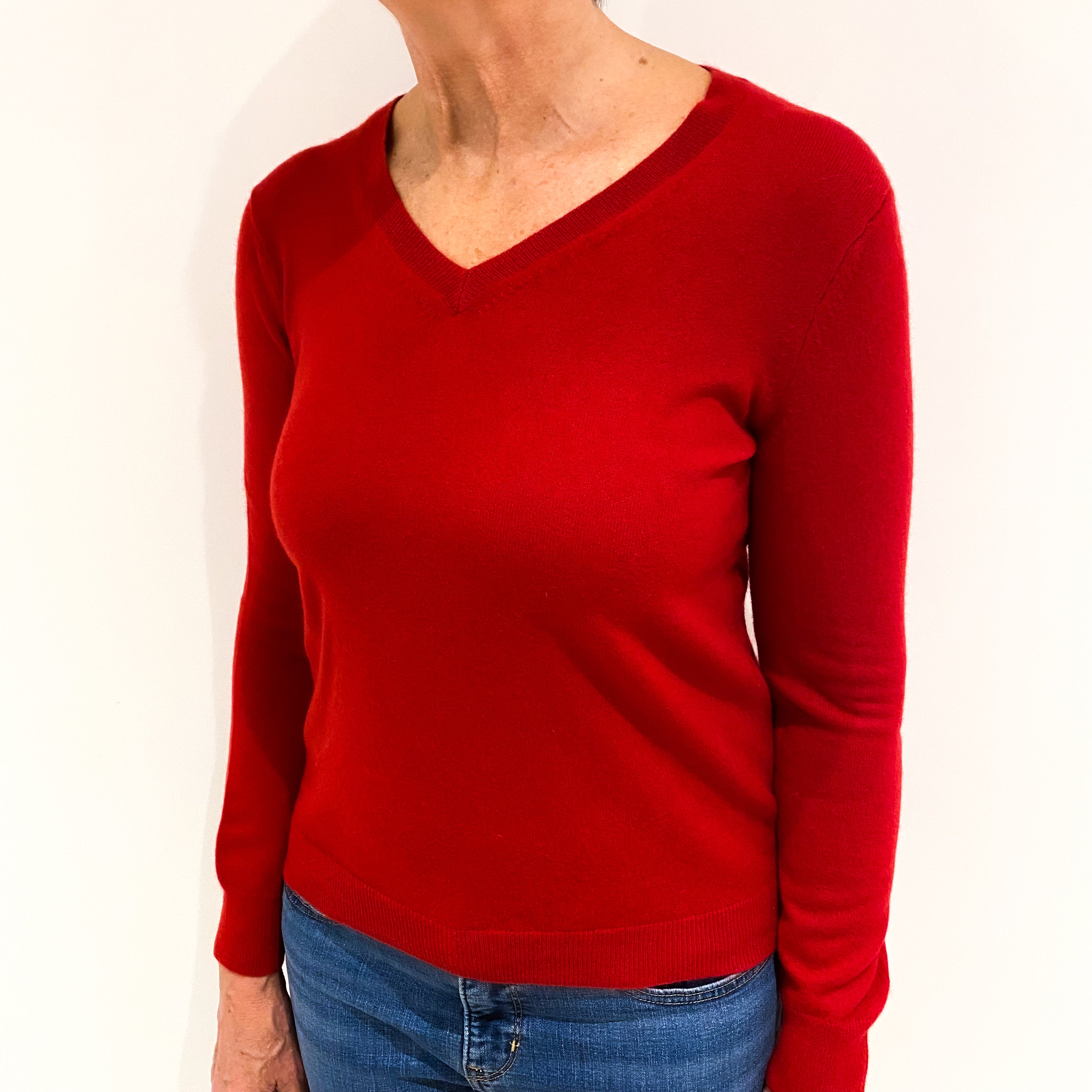 Post Box Red Cashmere V Neck Jumper Medium