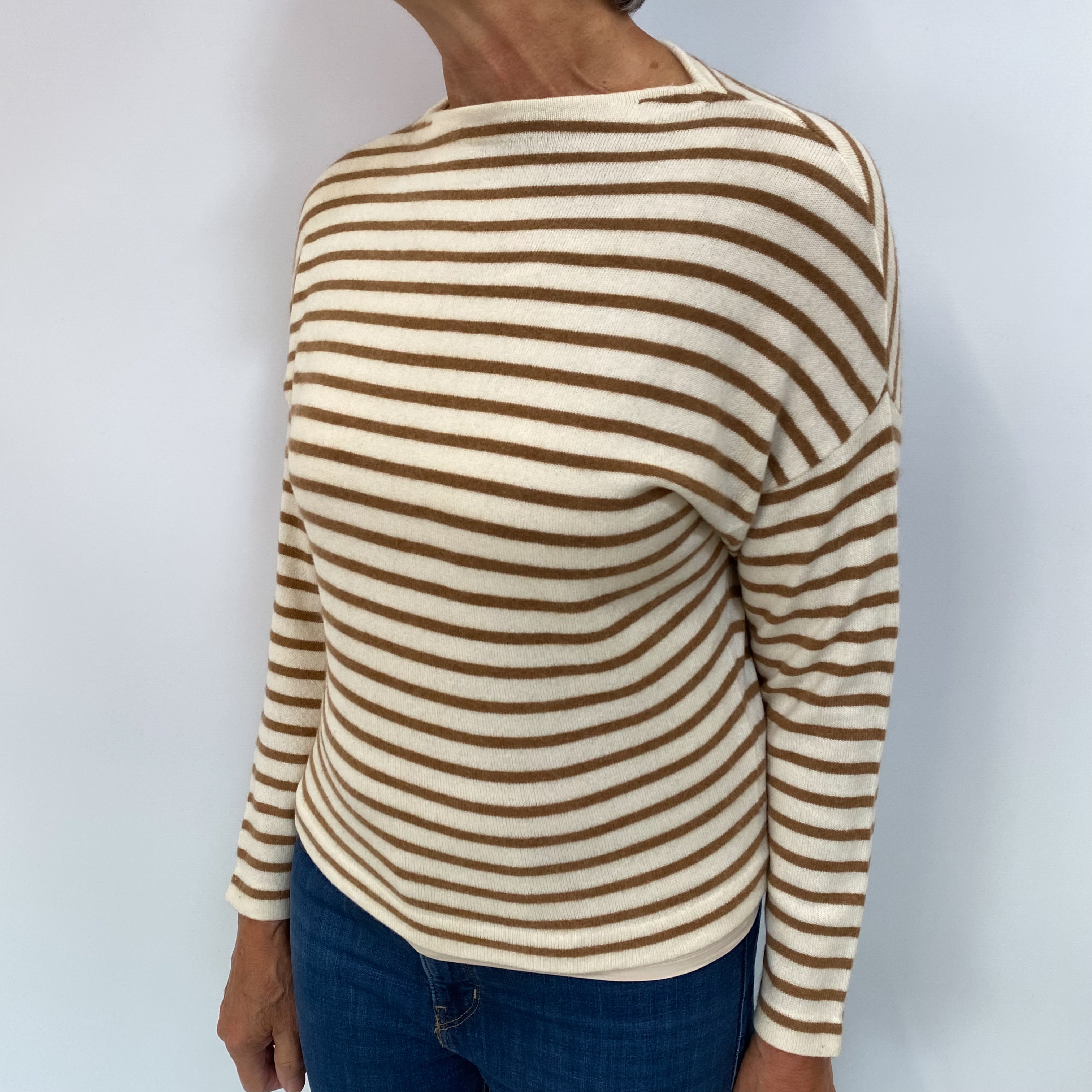 Cream and Brown Striped Cashmere Slash Neck Jumper Medium