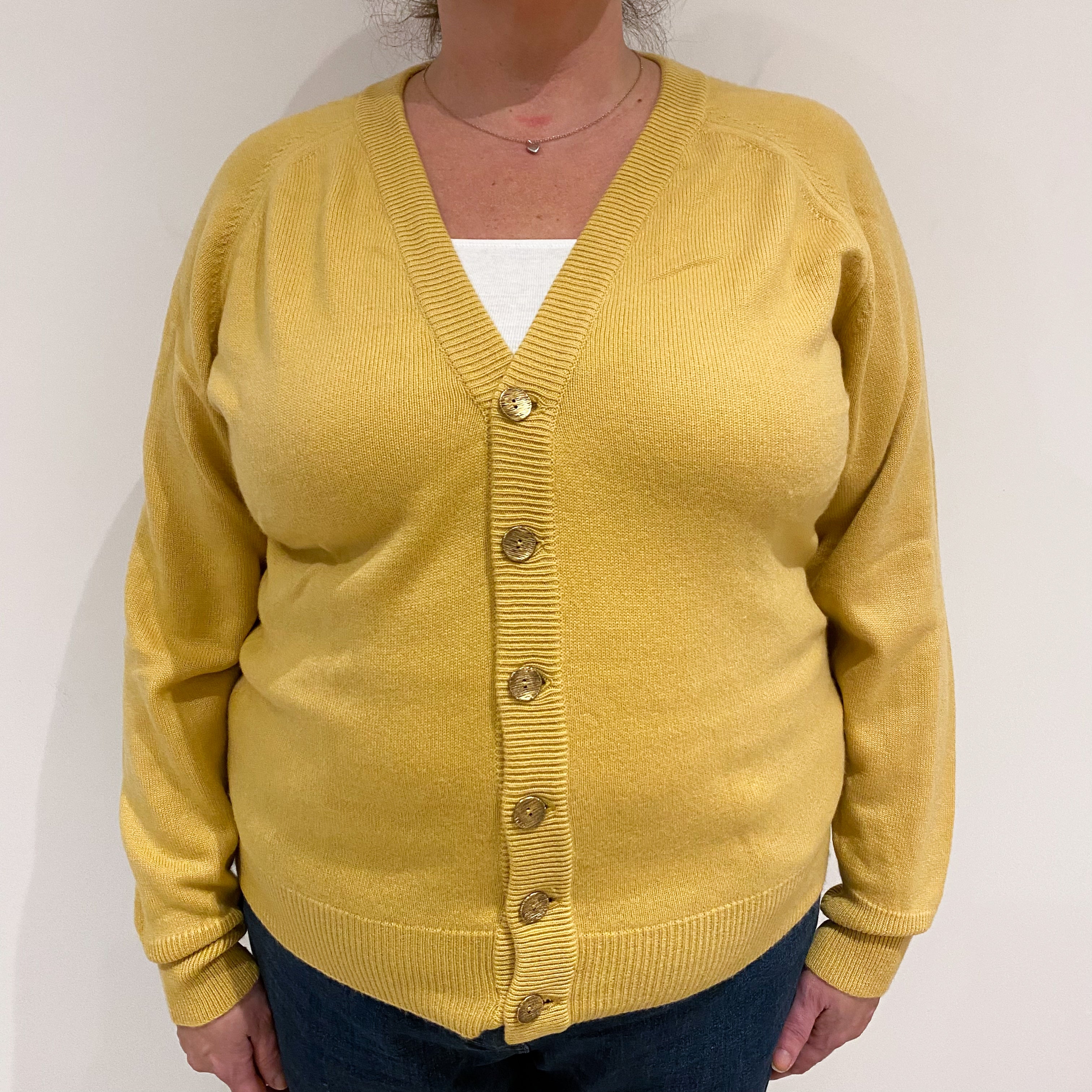 Scottish Vintage Ochre Yellow Cashmere V-Neck Cardigan Extra Large