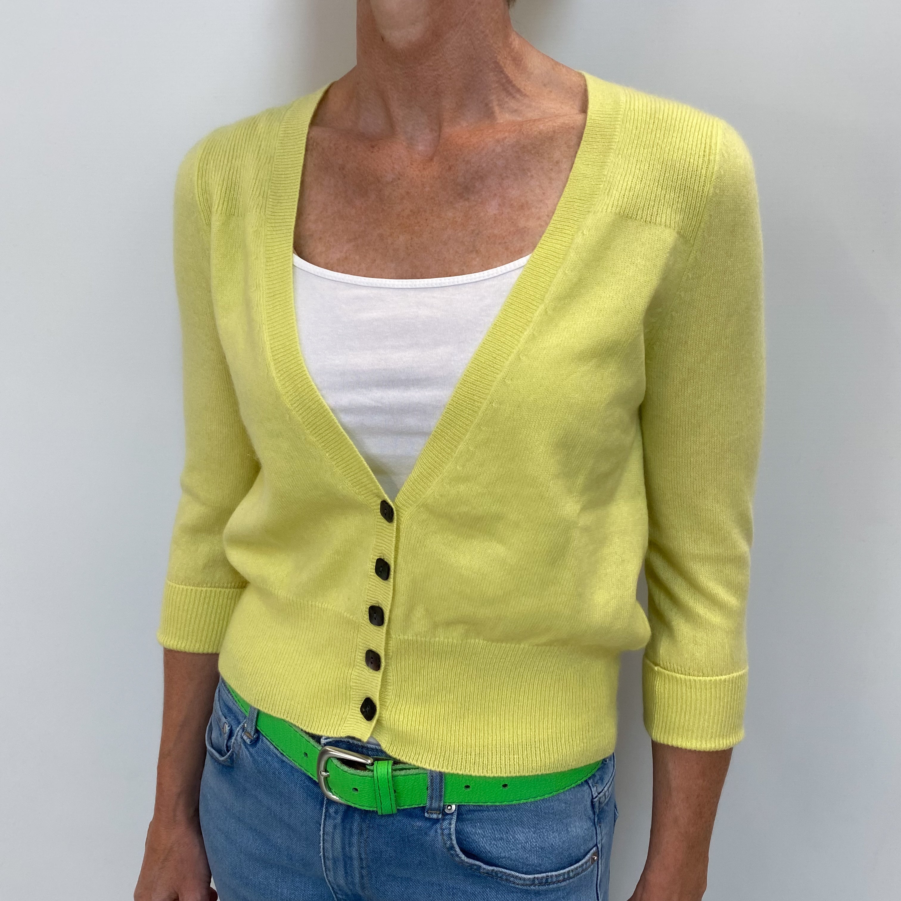 Chartreuse Yellow Cashmere V Neck Cardigan Small