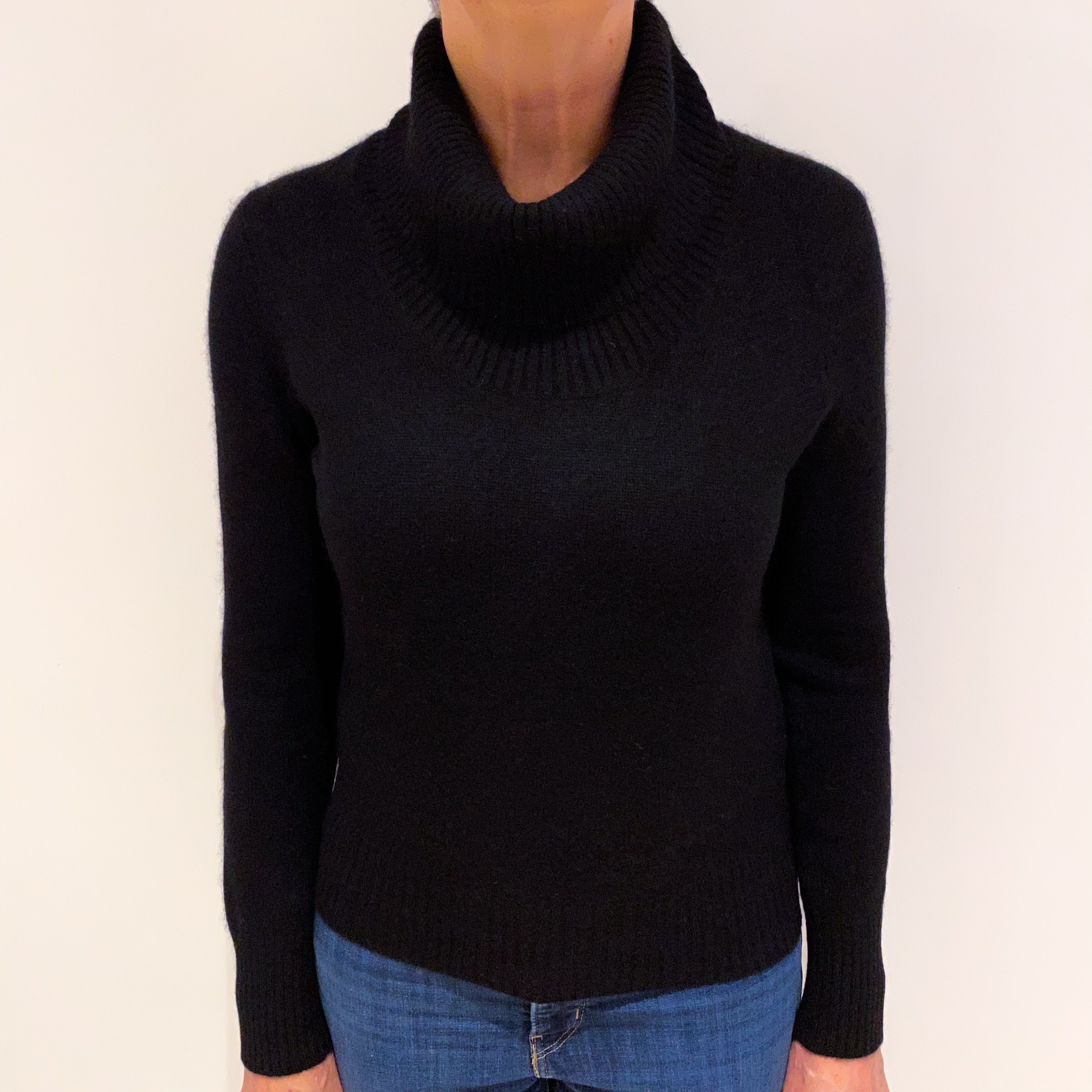 Black Heavy Knit Cashmere Polo Neck Jumper Medium