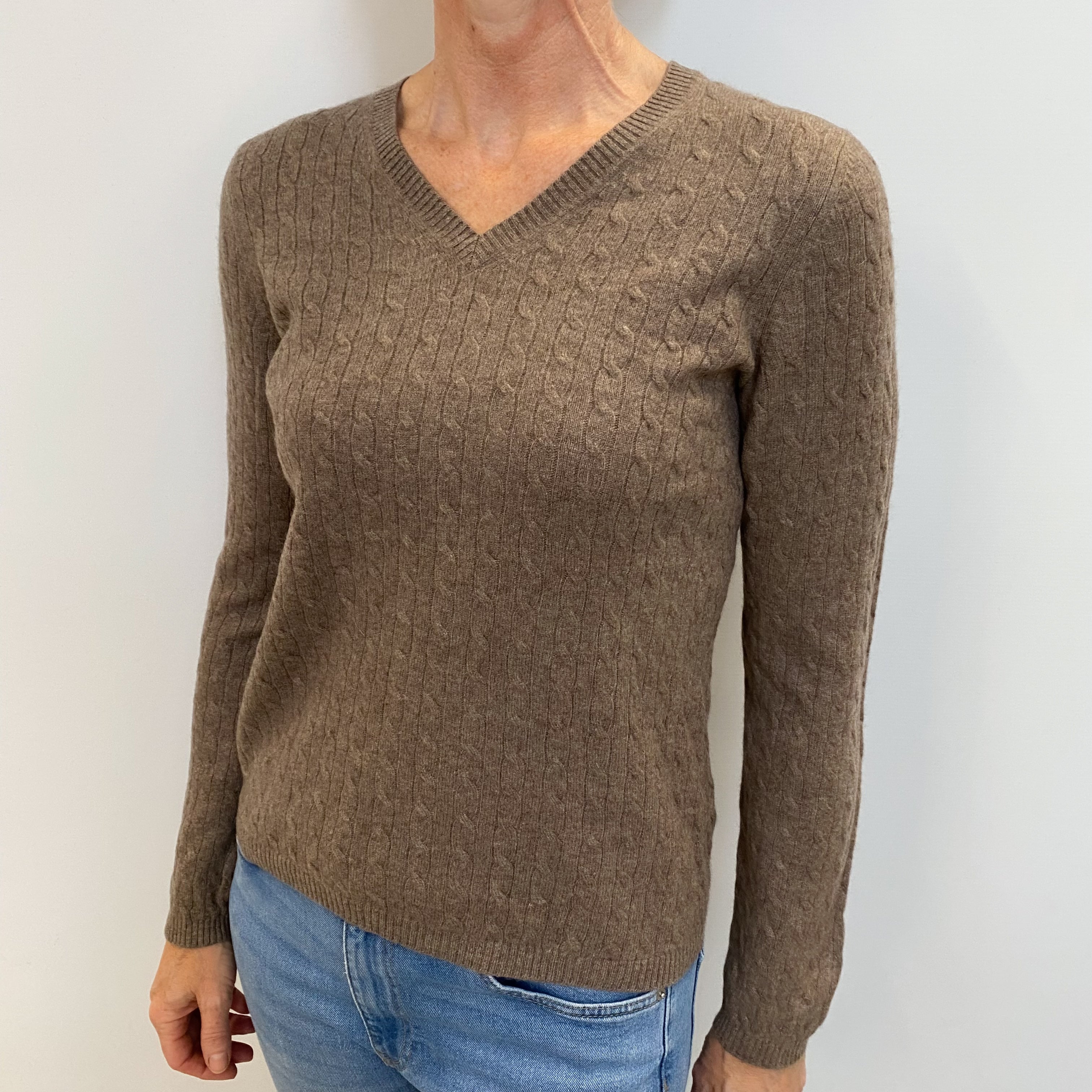 Donkey Brown Cashmere V Neck Cable Knit Jumper Small