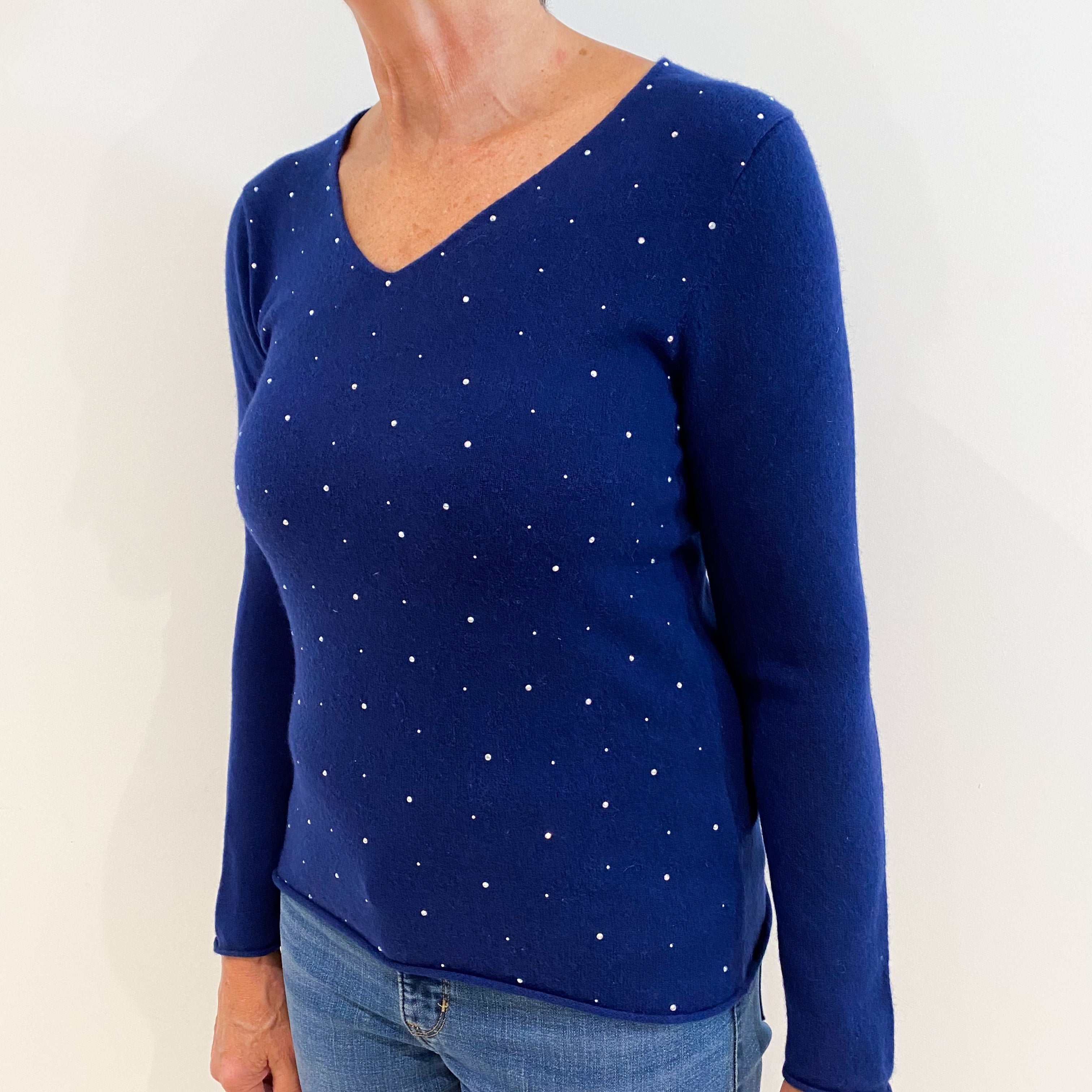 French Navy Sequinned Cashmere V-Neck Jumper Medium