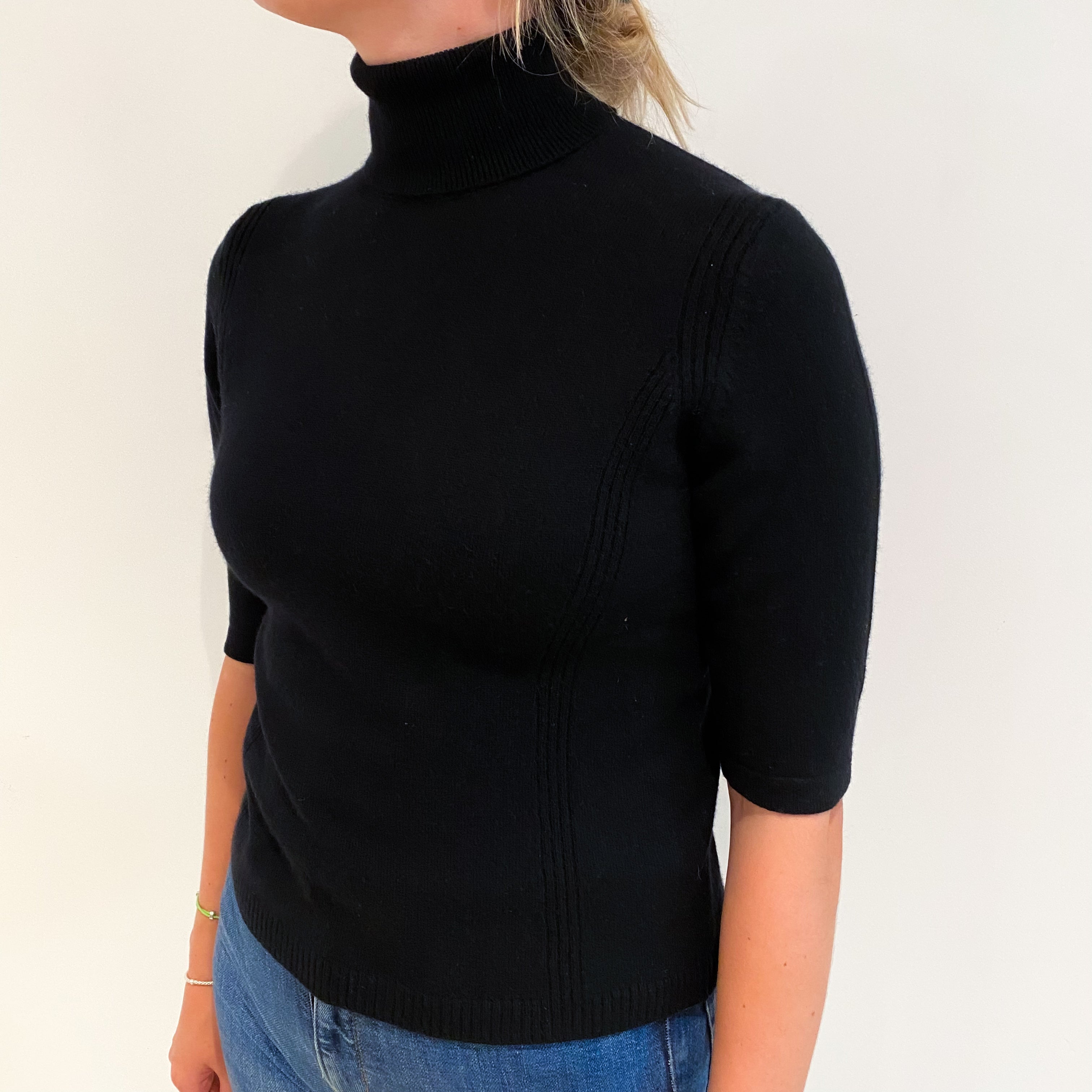 Black Cashmere Polo Neck Short Sleeved Jumper Small