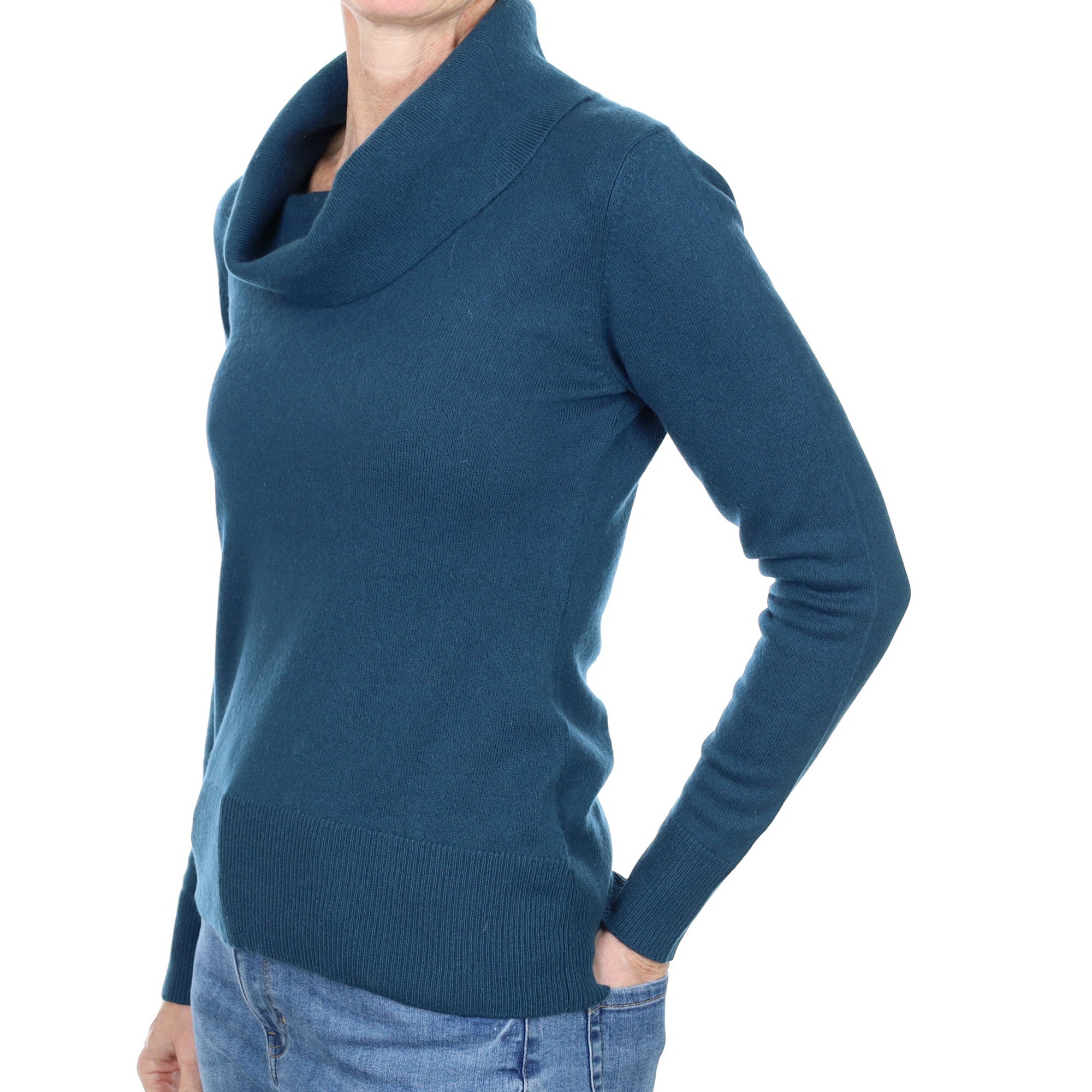 Petrol Blue Cashmere Cowl Neck Jumper Small