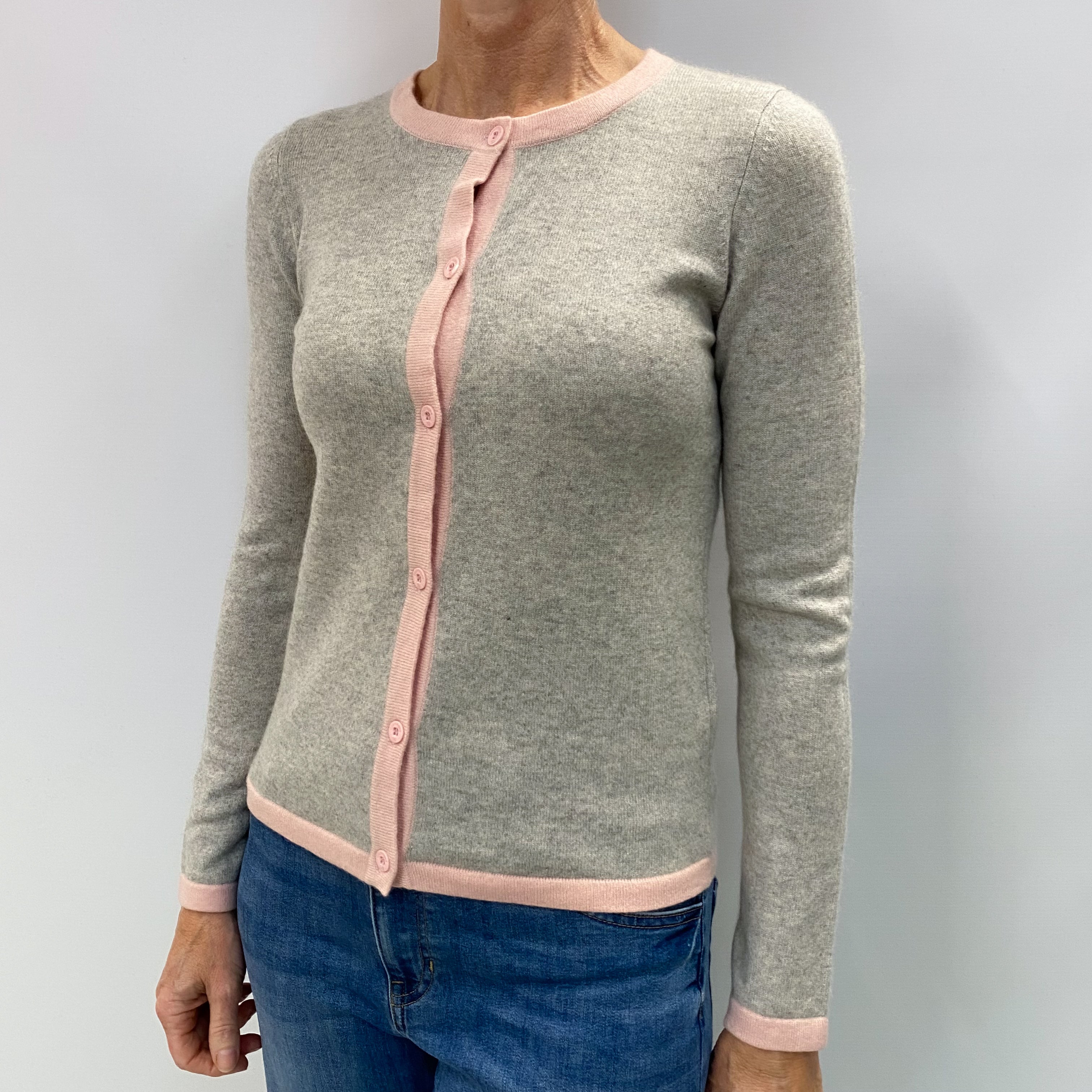 Smoke Grey and Pink Cashmere Crew Neck Cardigan Small