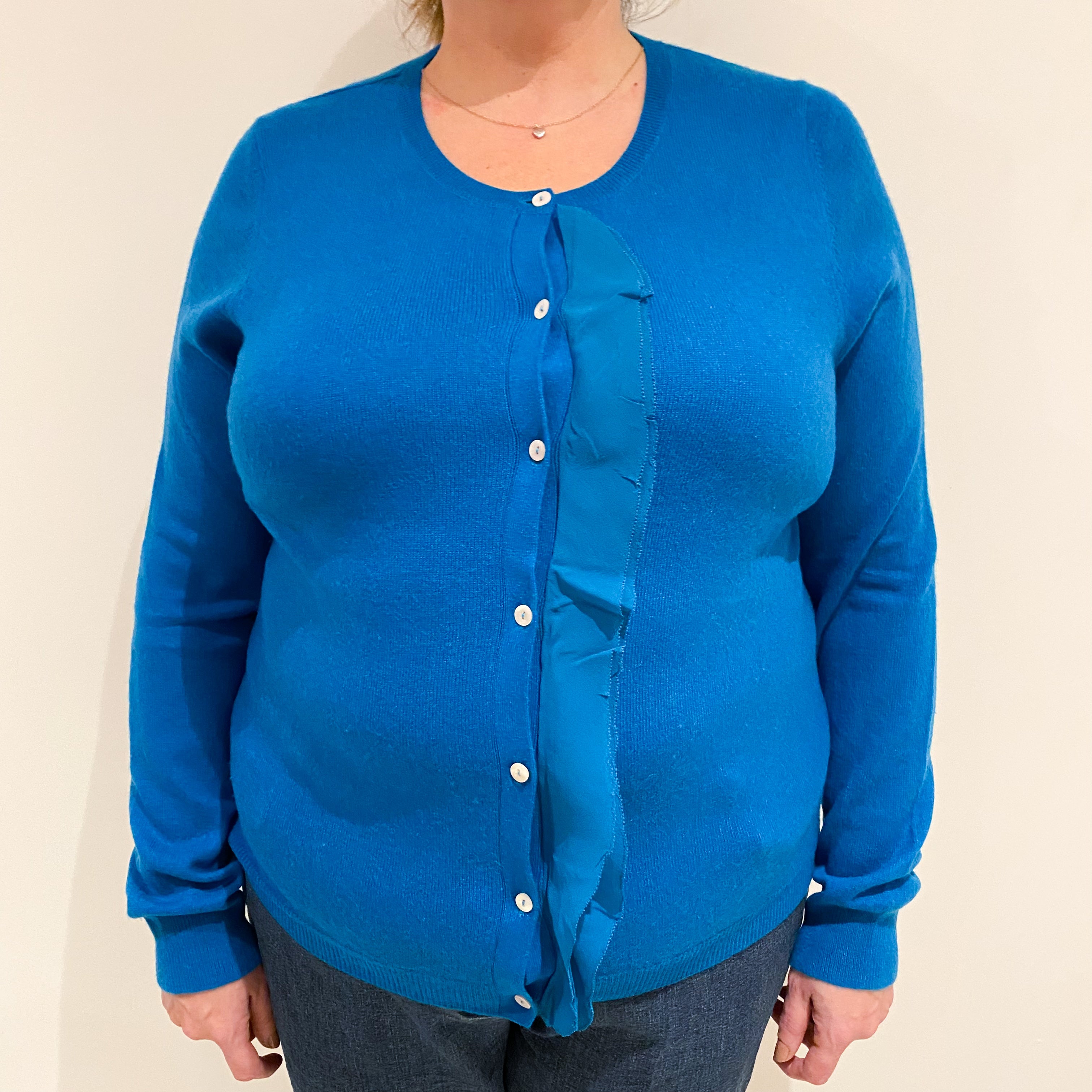 Bright Teal Blue Cashmere Crew Cardigan Extra Large