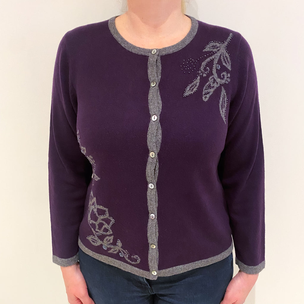 Grape Purple With Floral Design Cashmere Crew Neck Cardigan Large