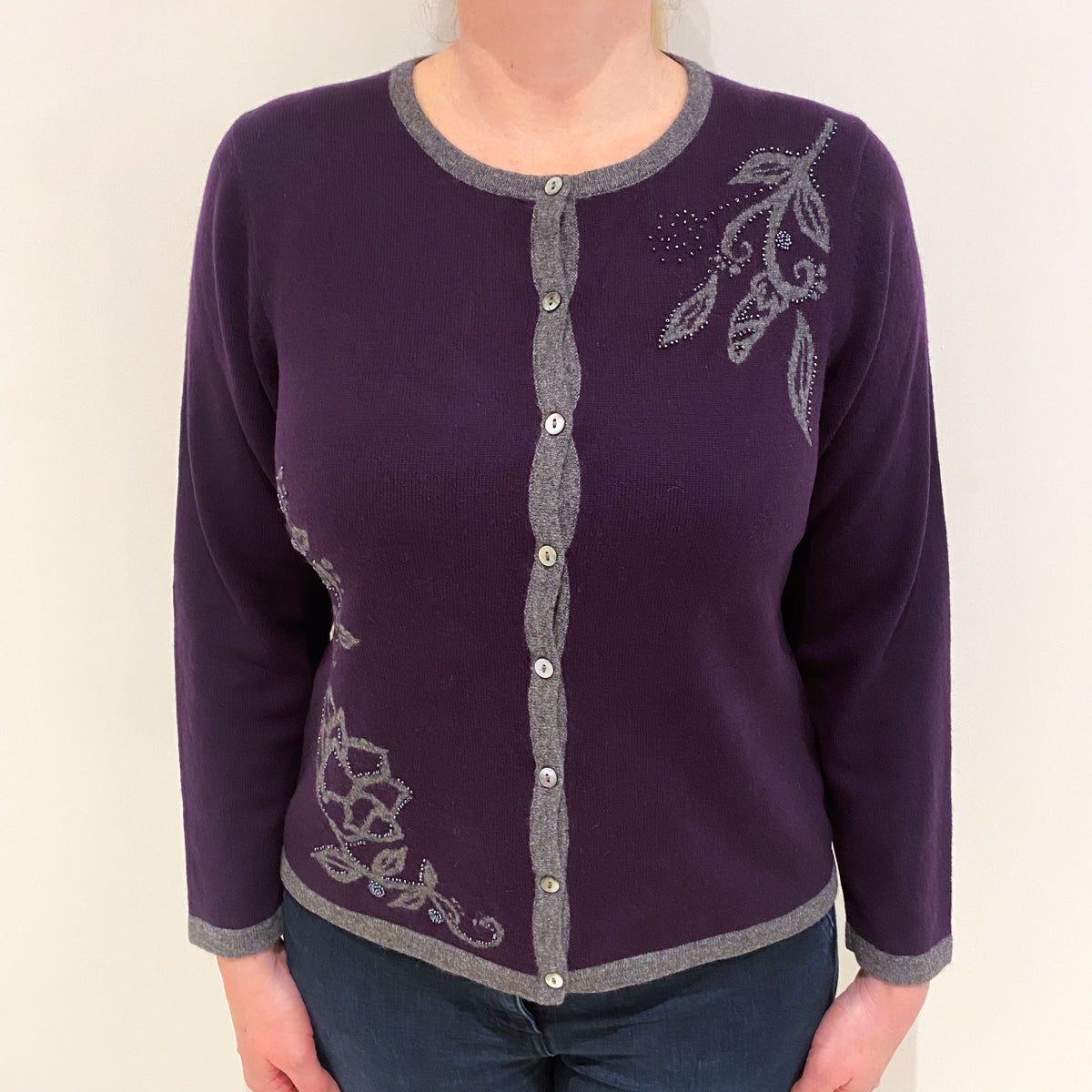 Grape Purple With Floral Design Cashmere Crew Neck Cardigan Large
