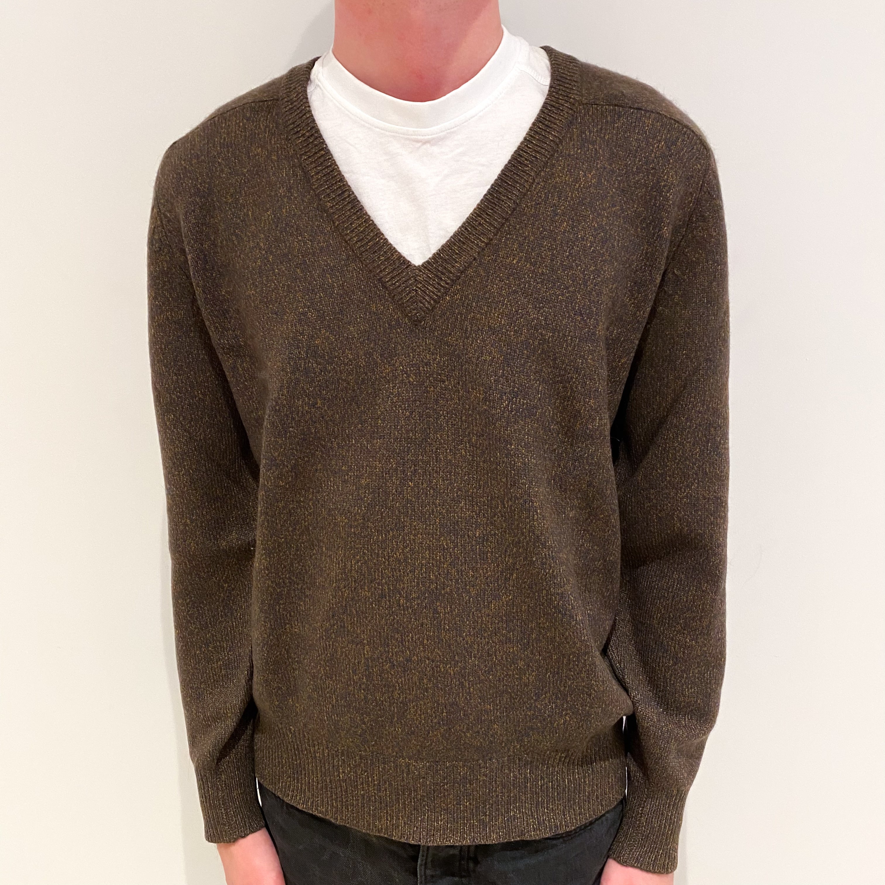 Men's Brown and Grey Marl Cashmere V-Neck Jumper Small