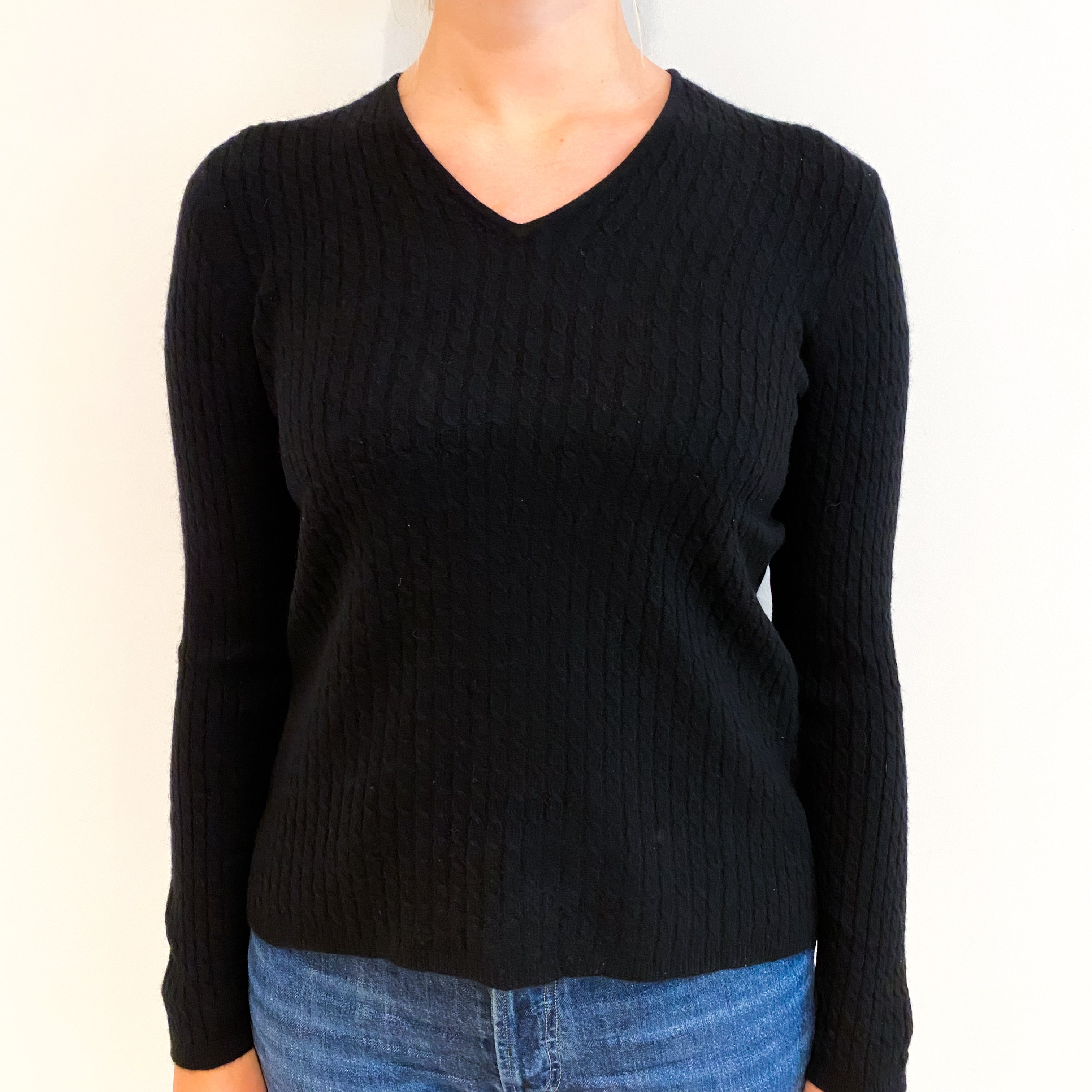 Black Cable Cashmere V-Neck Jumper Small