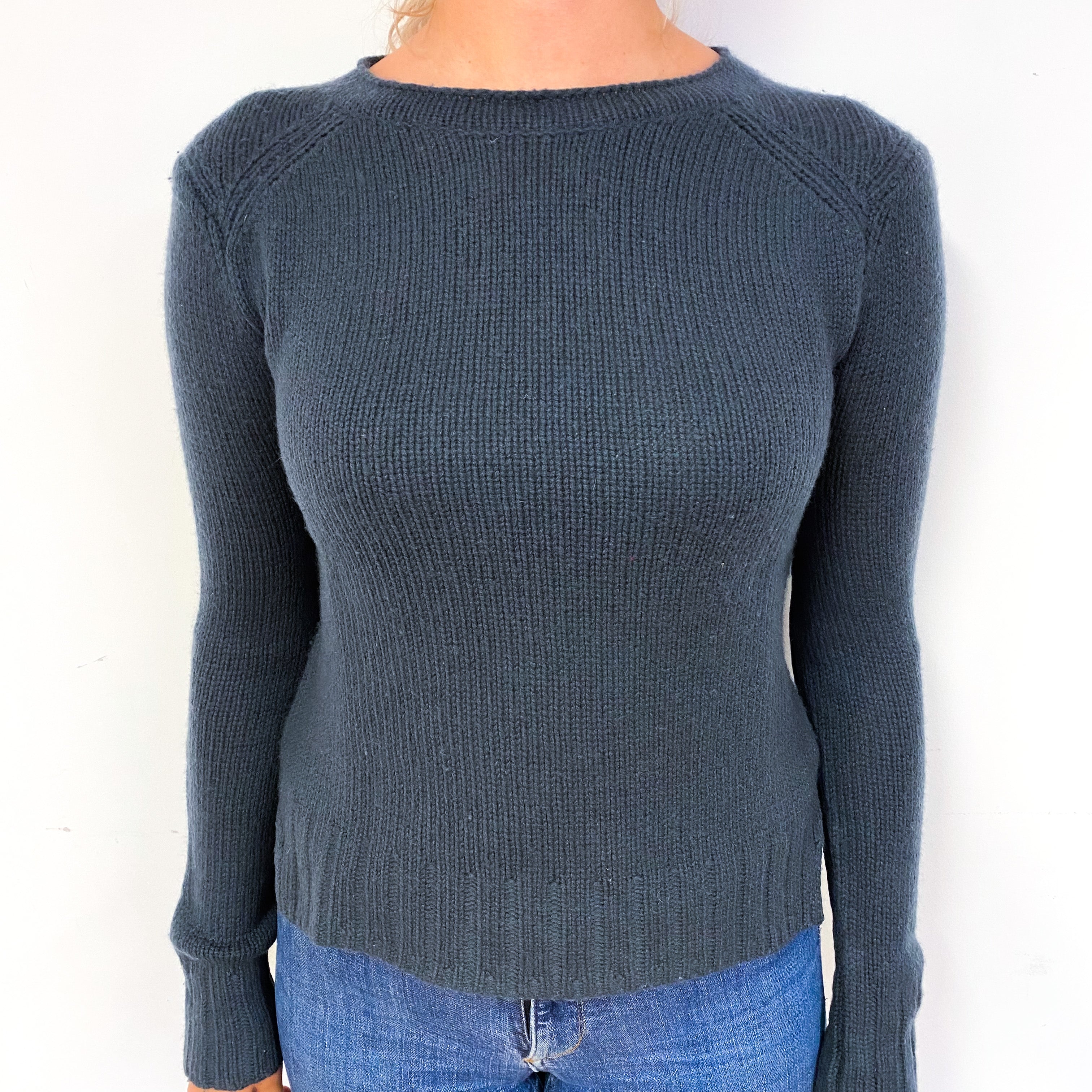 Dark Blue Grey Chunky Cashmere Crew Neck Jumper Small